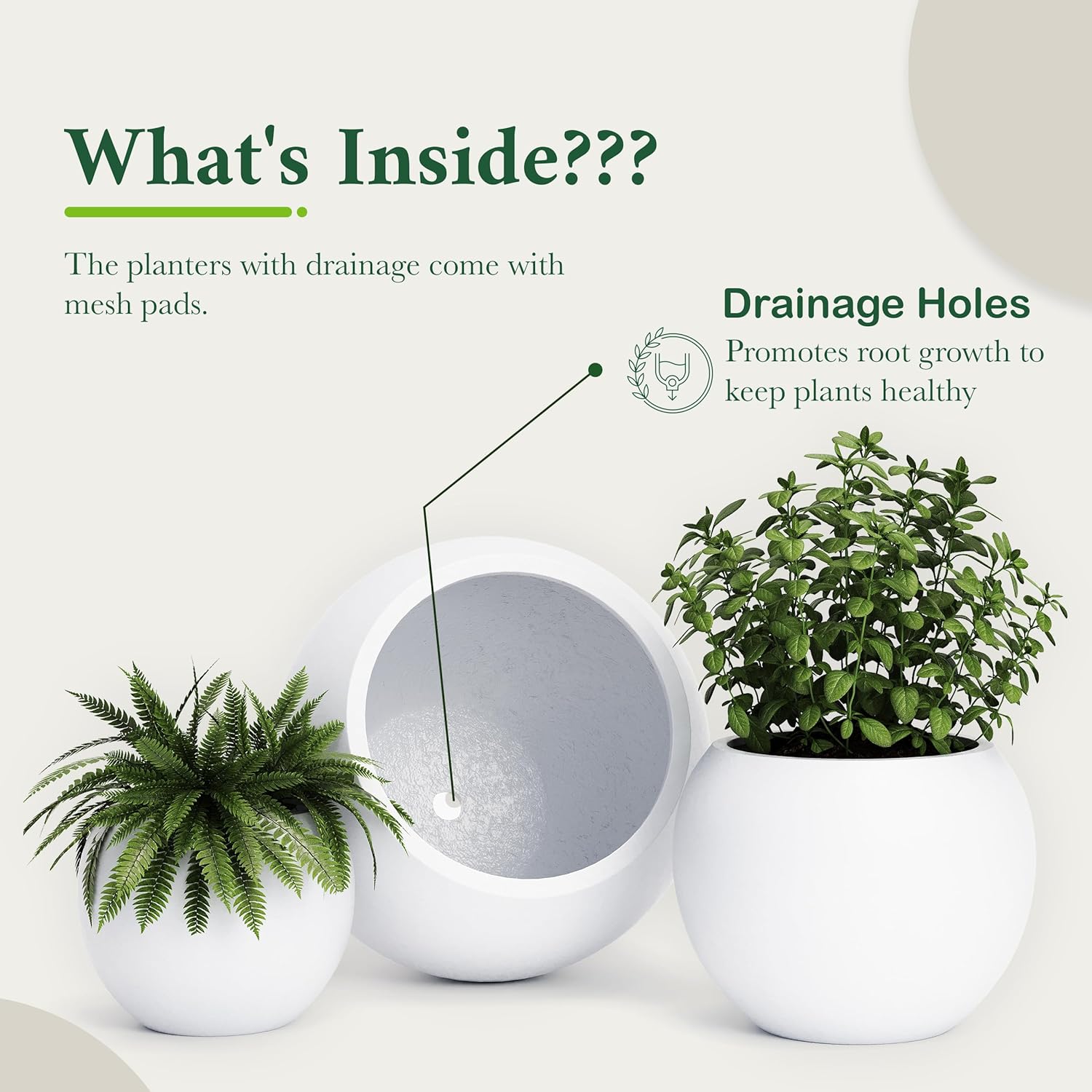 DTY Mount Sherman 12.6" D x 10'' H (Pot Opening 8.5") Fiberstone Round Planter with Drainage Hole, Smooth Finishes, Weather Resistant for Indoor and Outdoor, 2 Extra Coco Mats - White, Small
