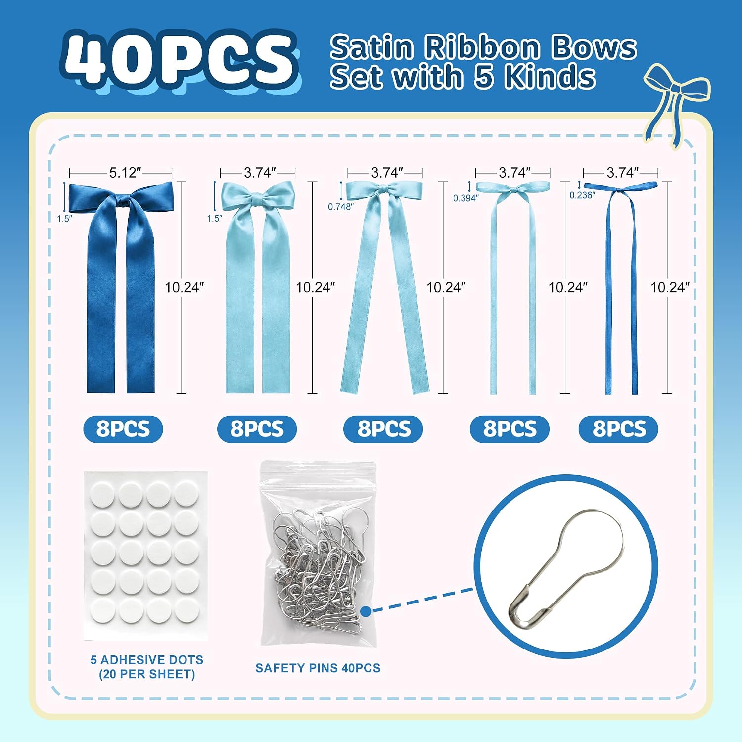 Blue Bow Birthday Decorations, 40 Pcs Blue Satin Ribbon Bows Garland, DIY Wall Decor, Photo Backdrop for Baby Shower, Bachelorette, Wedding, Bridal Shower, Bedroom Party Decorations