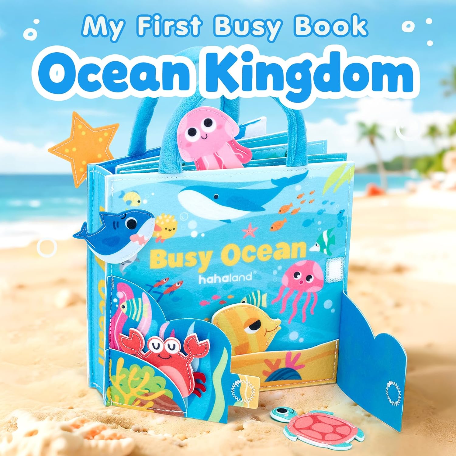 hahaland Ocean Busy Book for Toddlers 1-3, Montessori Toys Sensory Activity Busy Board, Travel Toy for 1 2 3 Year Old Boys Girls, Educational Fine Motor Skills Learning Toy, Toddler Birthday Gift