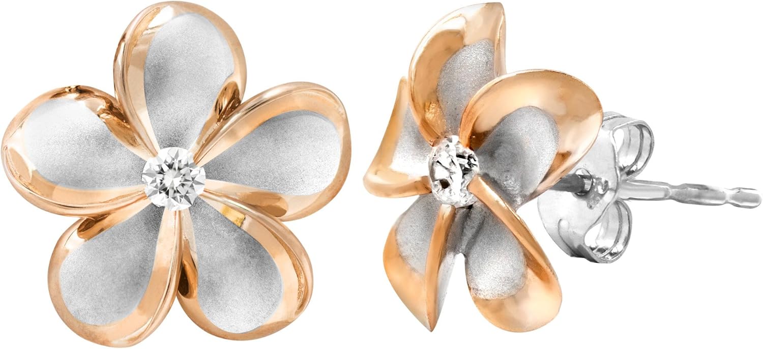 Honolulu Jewelry Company Sterling Silver with 14K Rose Gold Plated Trim CZ Plumeria Flower Nature Stud Earrings, 12mm