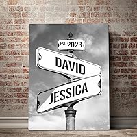 Vista 2 de Señal de calle vintage personalizada para parejas en lienzo, nombres y fecha personalizados, regalos de Navidad para ella o él, regalo del Día