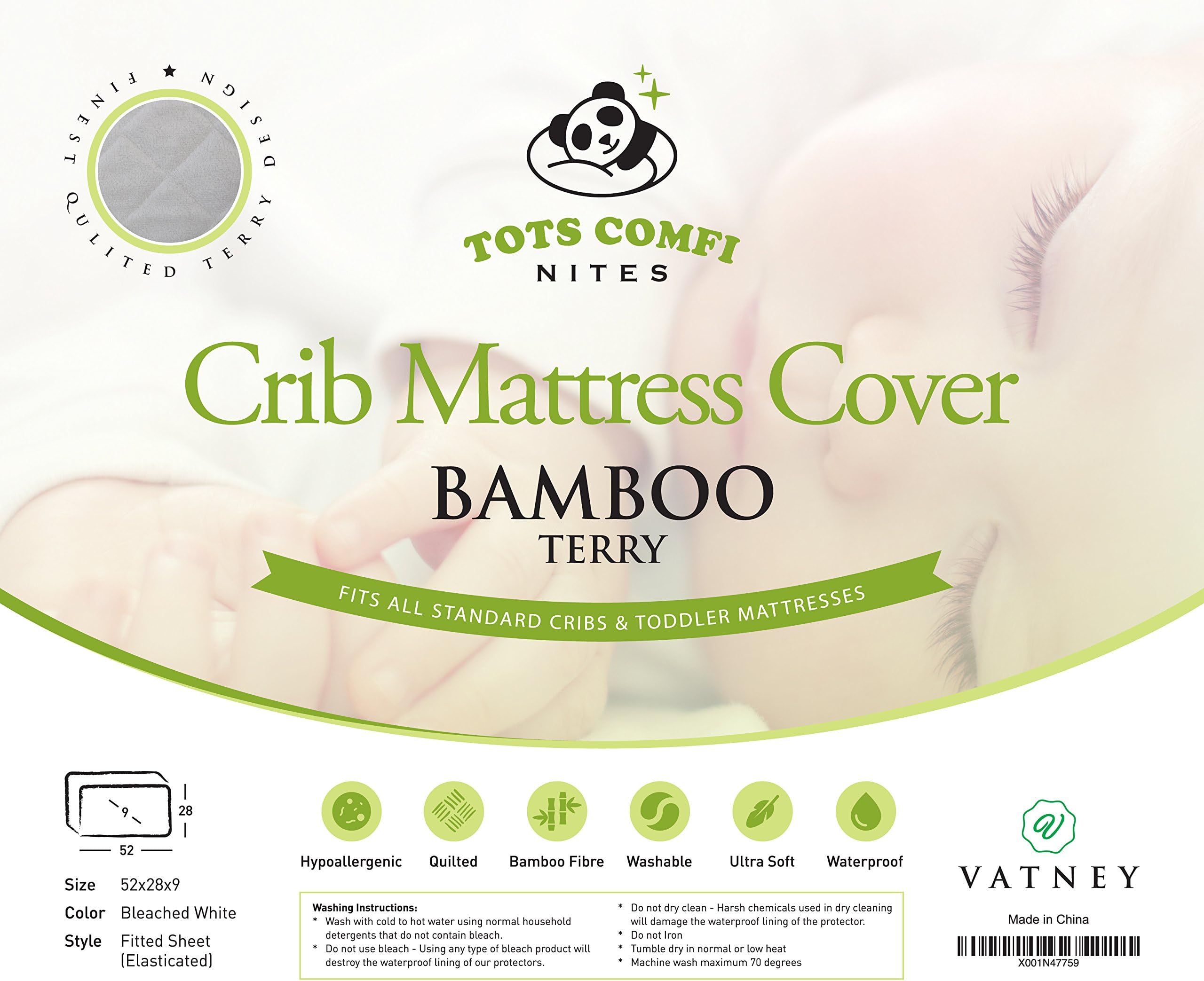 Baby Crib Mattress Cover – Ultra Soft, Washable, Waterproof, Hypoallergenic Pad Protector | 100% Natural Bamboo Fiber | Fits All Standards Cribs and Toddler Mattresses | 52X28X9 | Tots Comfi Nites