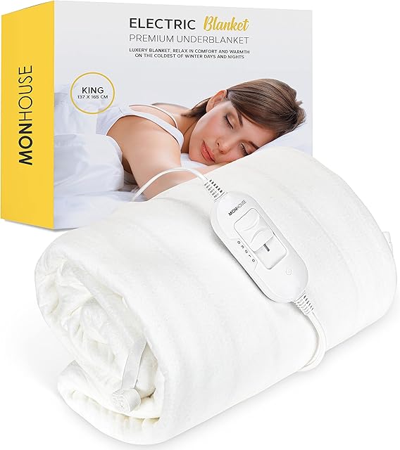 MONHOUSE Premium Soft Fleece Electric Blanket - Heated Under Blanket - Heated Mattress Cover - Detachable Controller & Machine Washable - 3 Heat Settings - King Size 137x165cm - White
