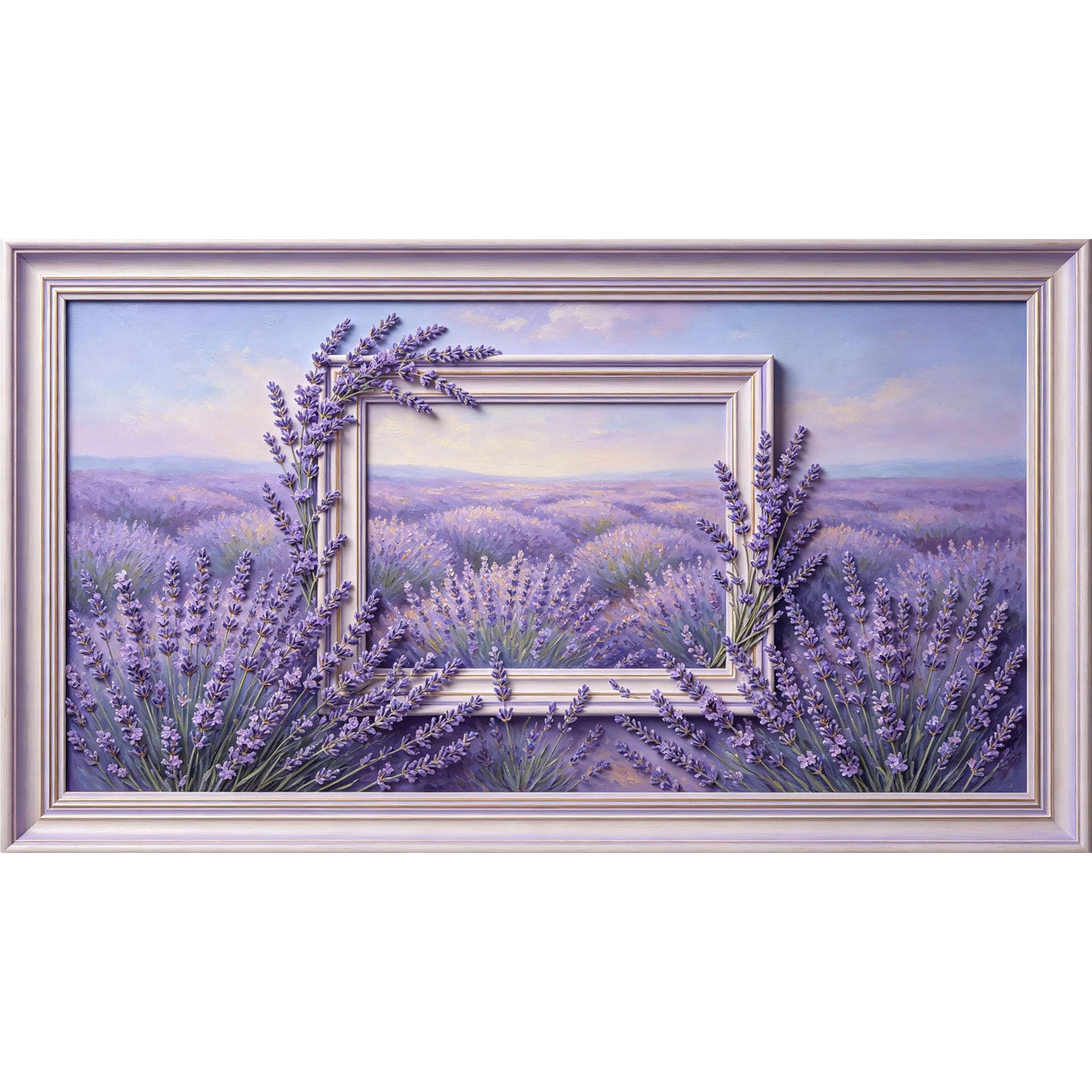 QZLITHOTIC 50x90cm3D Framed Wall Art， Lavender Field Landscape Self‑Adhesive Mural， Water‑Activated Peel & Stick Fabric Decor Wall Decal for Bedroom Living Room