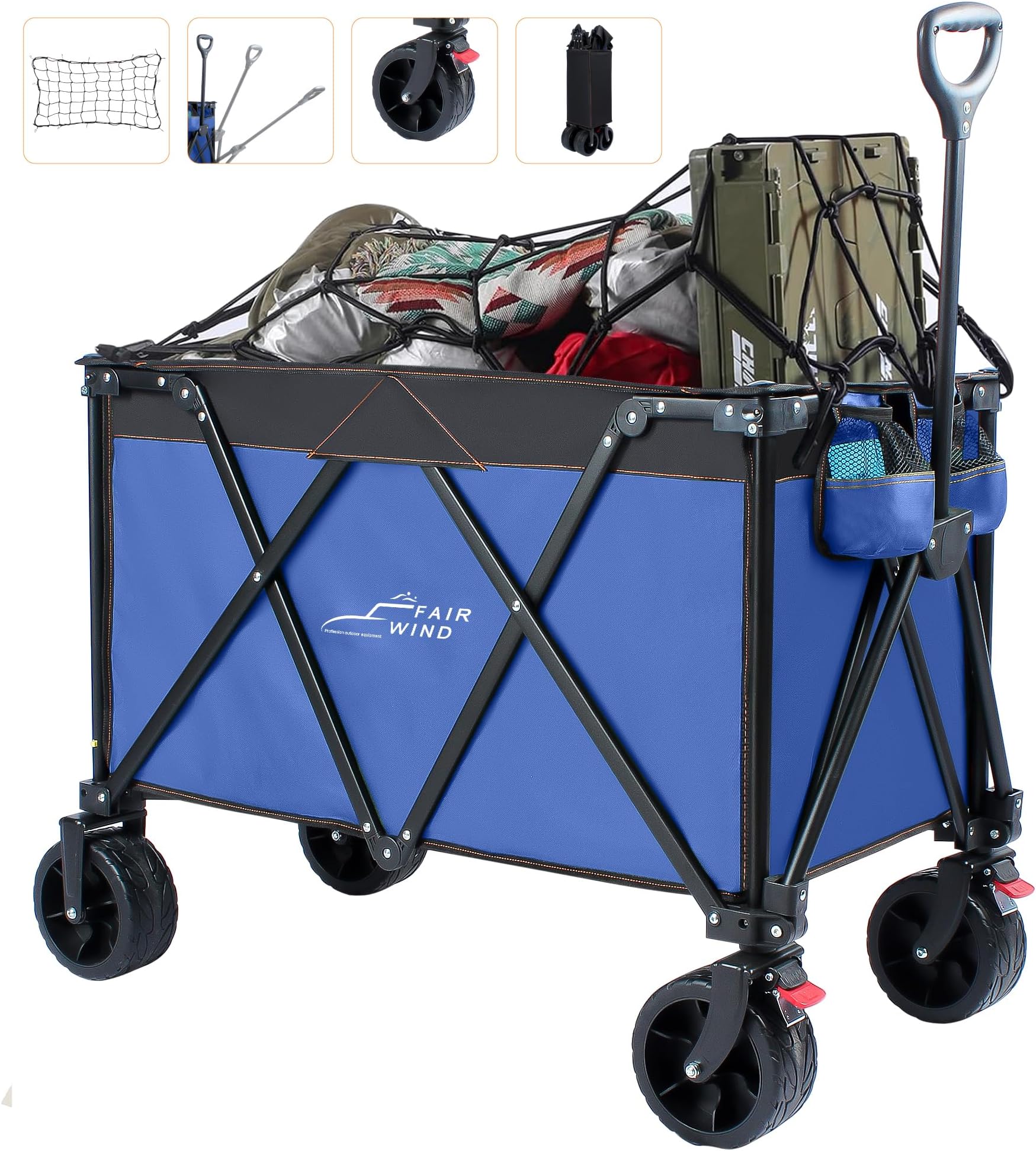 FAIR WIND280L Collapsible Foldable Wagon Cart, 400LBS Capacity Extended Height Wagon with Brakes&Cargo Net, Heavy Duty with Big All-Terrain Wheels for Camping Beach Sports Shopping
