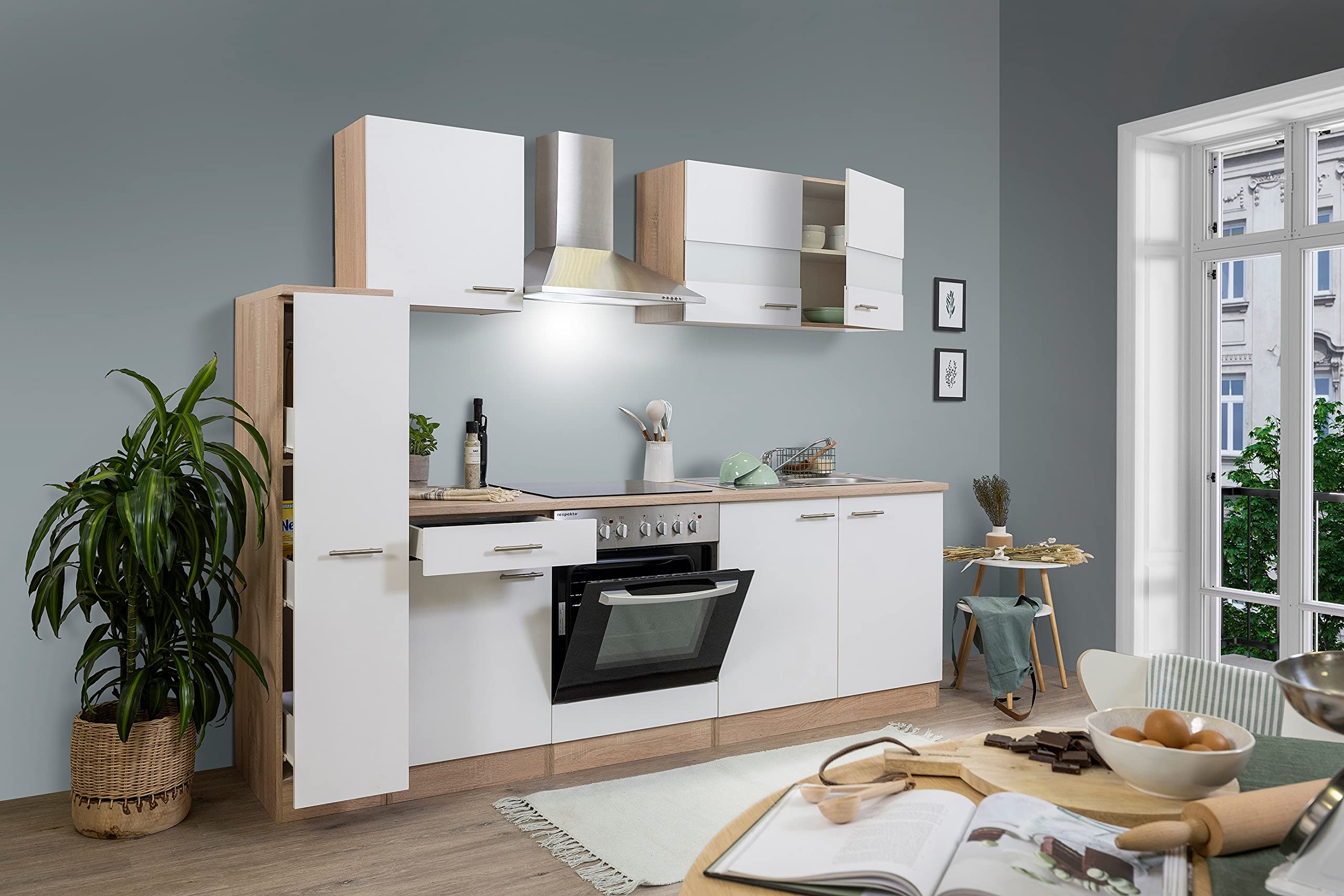 respekta Küchenzeile Merle KB240ESWC Weiß 240 cm Breite mit Elektrogeräten