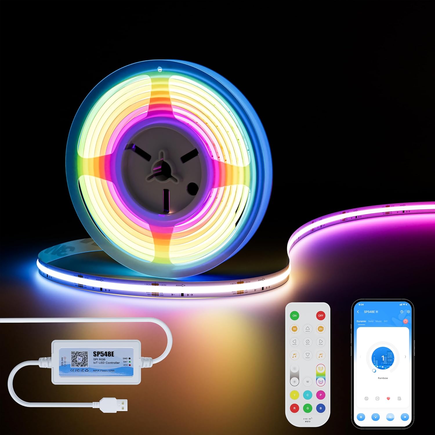 MIWISE RGB Smart IC COB LED Strip Lights Chasing Color, USB LED Strip Light Addressable, Rainbow Effect with Music Sync, App Control, Compatible with Alexa and Google for TV, Bedroom, Cabinet, 9.84ft
