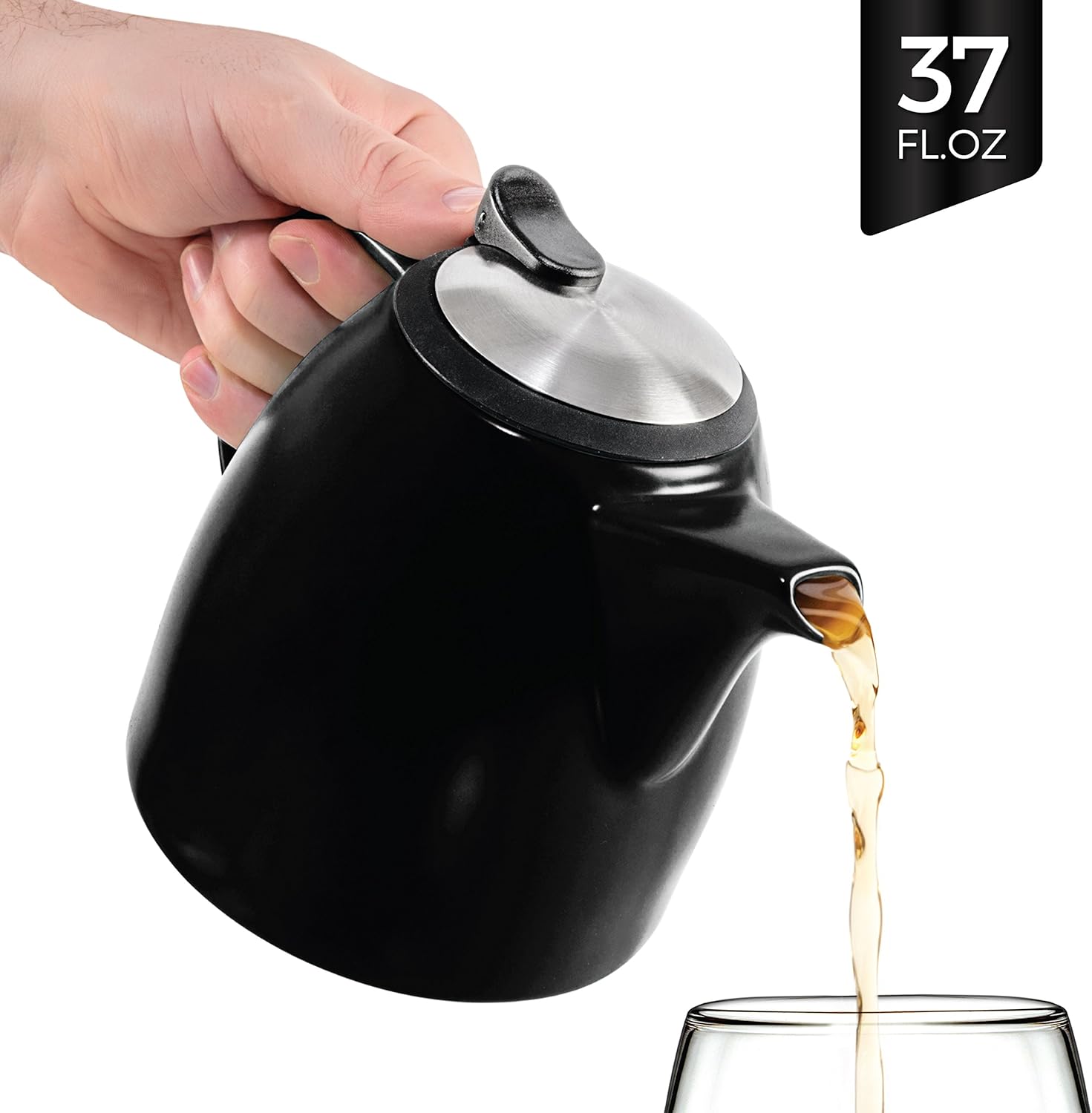 Rеvіеw Tealyra - Drago Ceramic Teapot Black - 37oz (4-6 cups) - Large Stylish Teapot with Stainless Steel Lid Extra-Fine Infuser To Brew Loose Leaf Tea - Leed-Free - 1100ml
