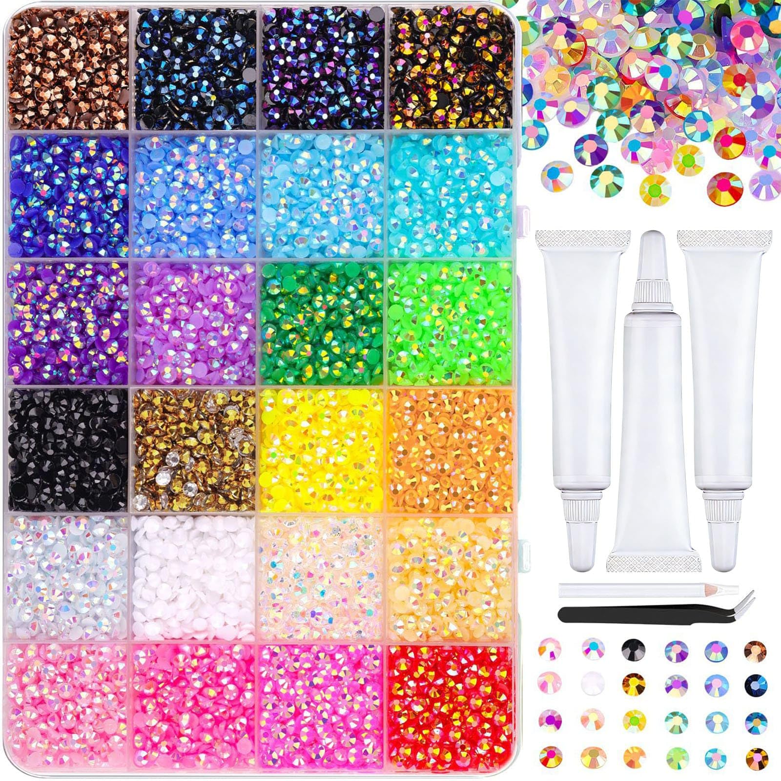 Colorful DIY Resin Rhinestone Kit, Resin Jelly Rhinestones for Bedazzlings, Multicolor 3mm Flatback Gems for Diamond Art with Tweezer and Pickup Pen 3pcs Glue for Bedazzleds Nail Art (24 Colors-B)
