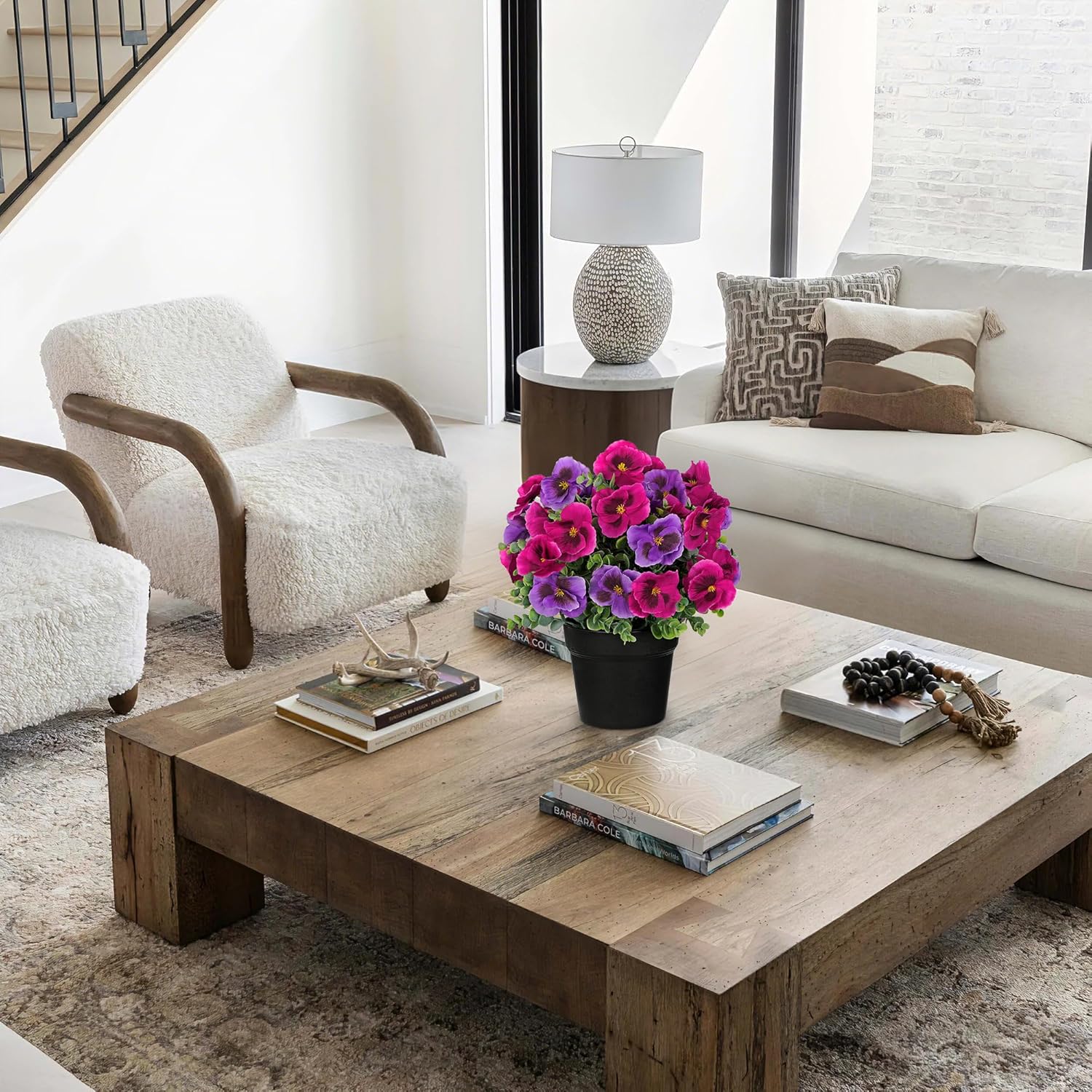 Briful Pansy Artificial Flowers, 13.7’’ Realistic Faux Pansy Flower in Black Pot, Fuchsia Fake Flowers for Indoor Outdoor Decor, Farmhouse Table Decor, All Seasons Flowers for Home Dining Porch Décor