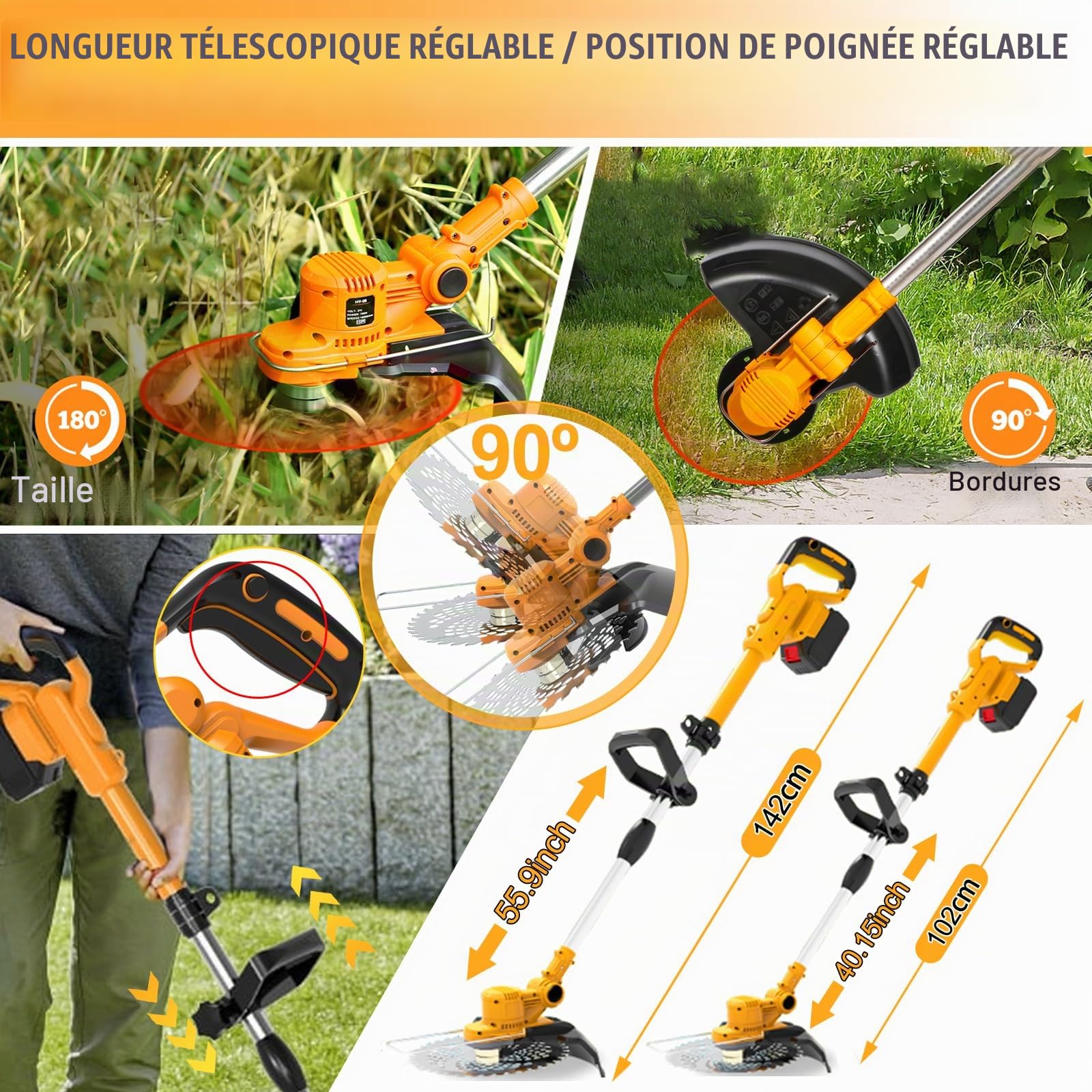 Coupe Bordure sans Fil avec Batterie 4 en 1 Debroussailleuse Electrique sans Fil 21V Débroussailleuse à Batterie Brushless avec 2 Batteries 4.0Ah, Brosse Désherbage et 1 Bobines,Orange,c
