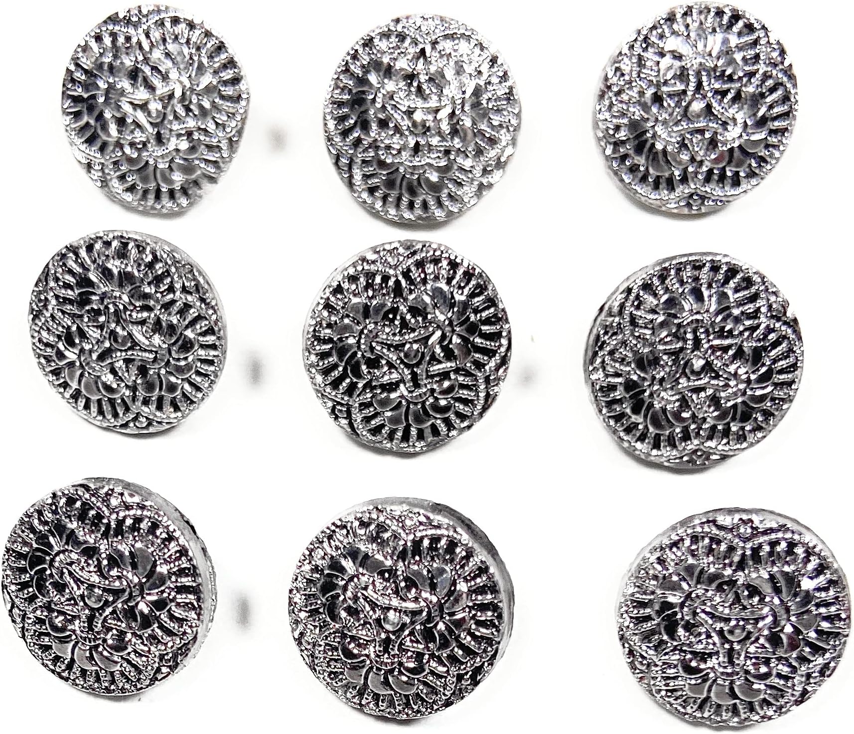9 Glass Silver Buttons Set -Filigree Style 1/2'' -12mm for ,Blouses , Shirts Etc