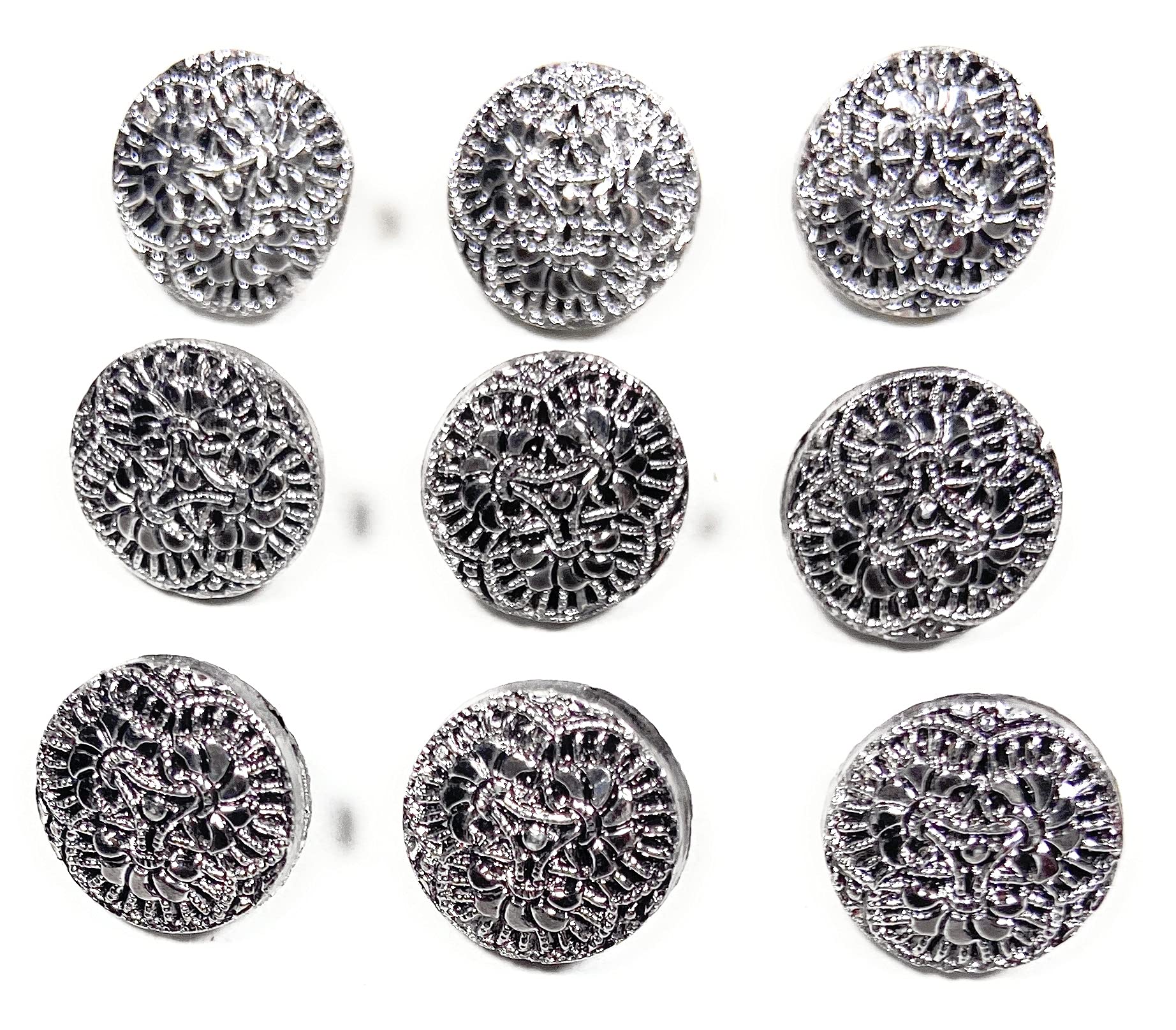 9 Glass Silver Buttons Set -Filigree Style 1/2'' -12mm for ,Blouses , Shirts Etc