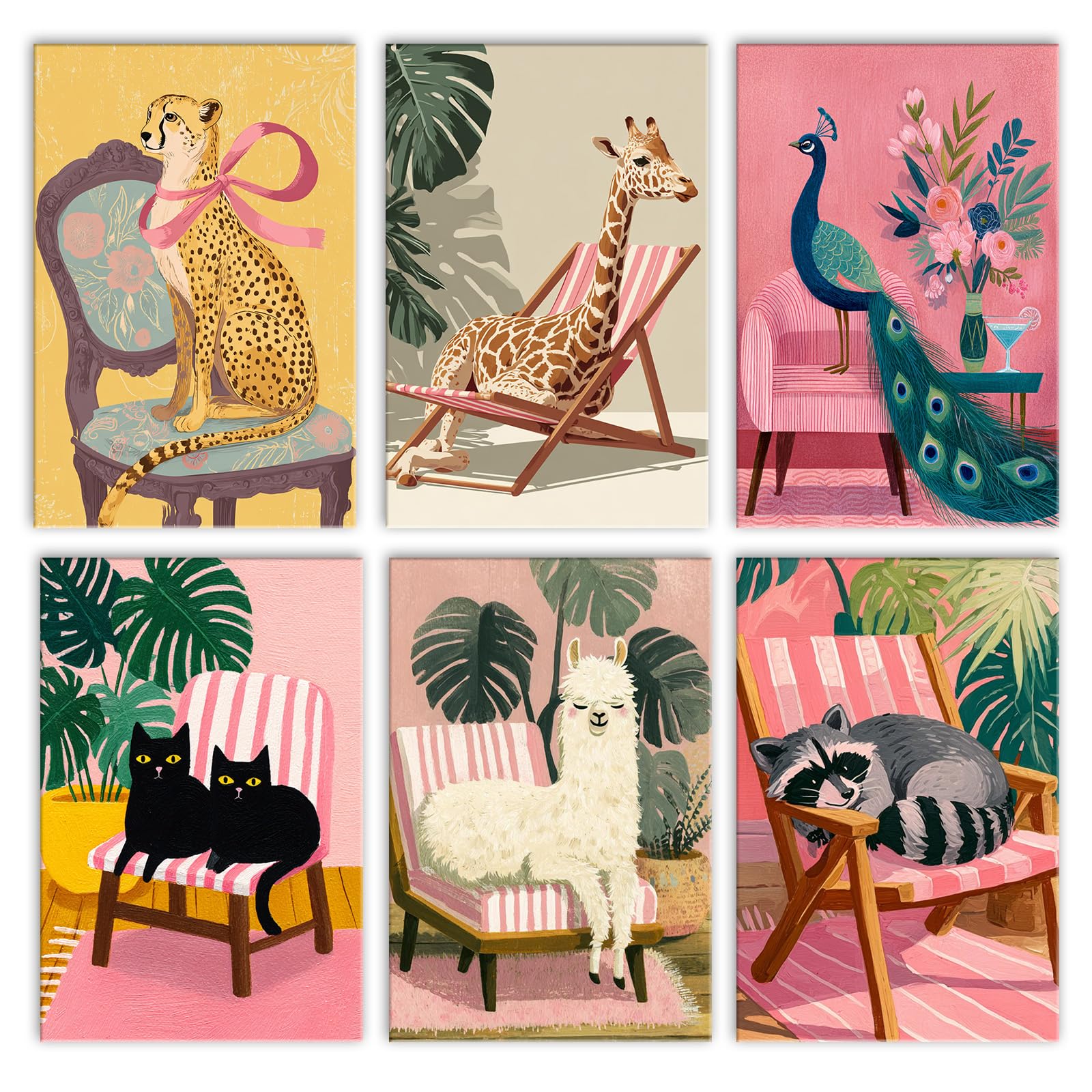Walarky Animal Sitting on Sofa Drawing Paint by Number Adults Set of 6 Graffiti Peacock Cat Giraffe Leopard Alpaca Raccoon Digital Oil Painting Frameless