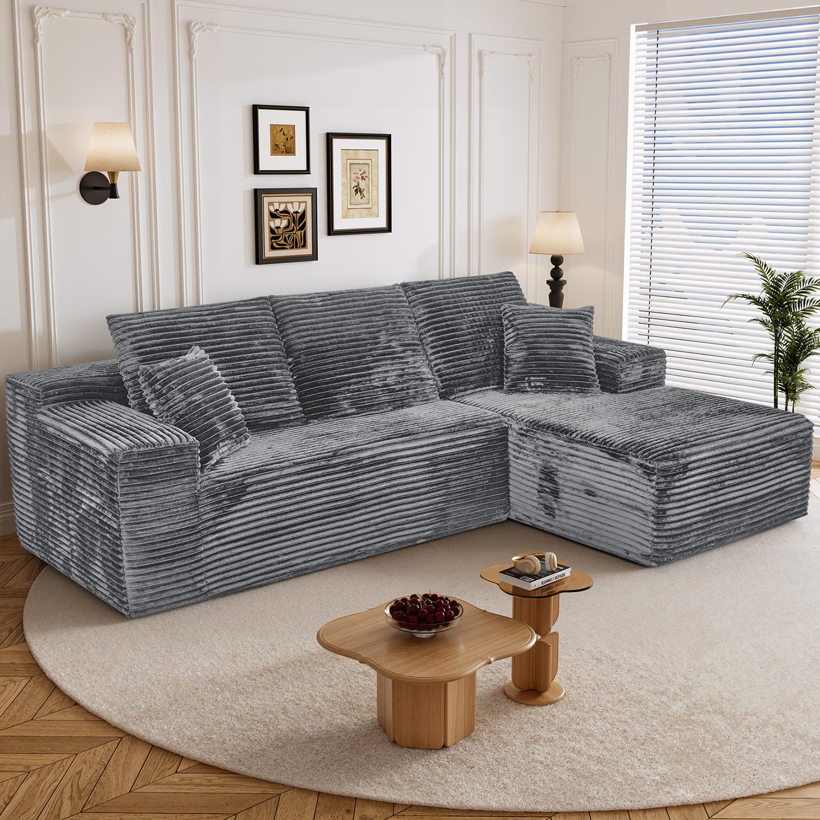 108" L Shaped Boneless Sectional Couches for Living Room, Comfy Corduroy Floor Cloud Sofa with Chaise, Wide Armrest, Deep Seat, Memory Foam, Assembly Free, Ideal for Small Spaces, Grey
