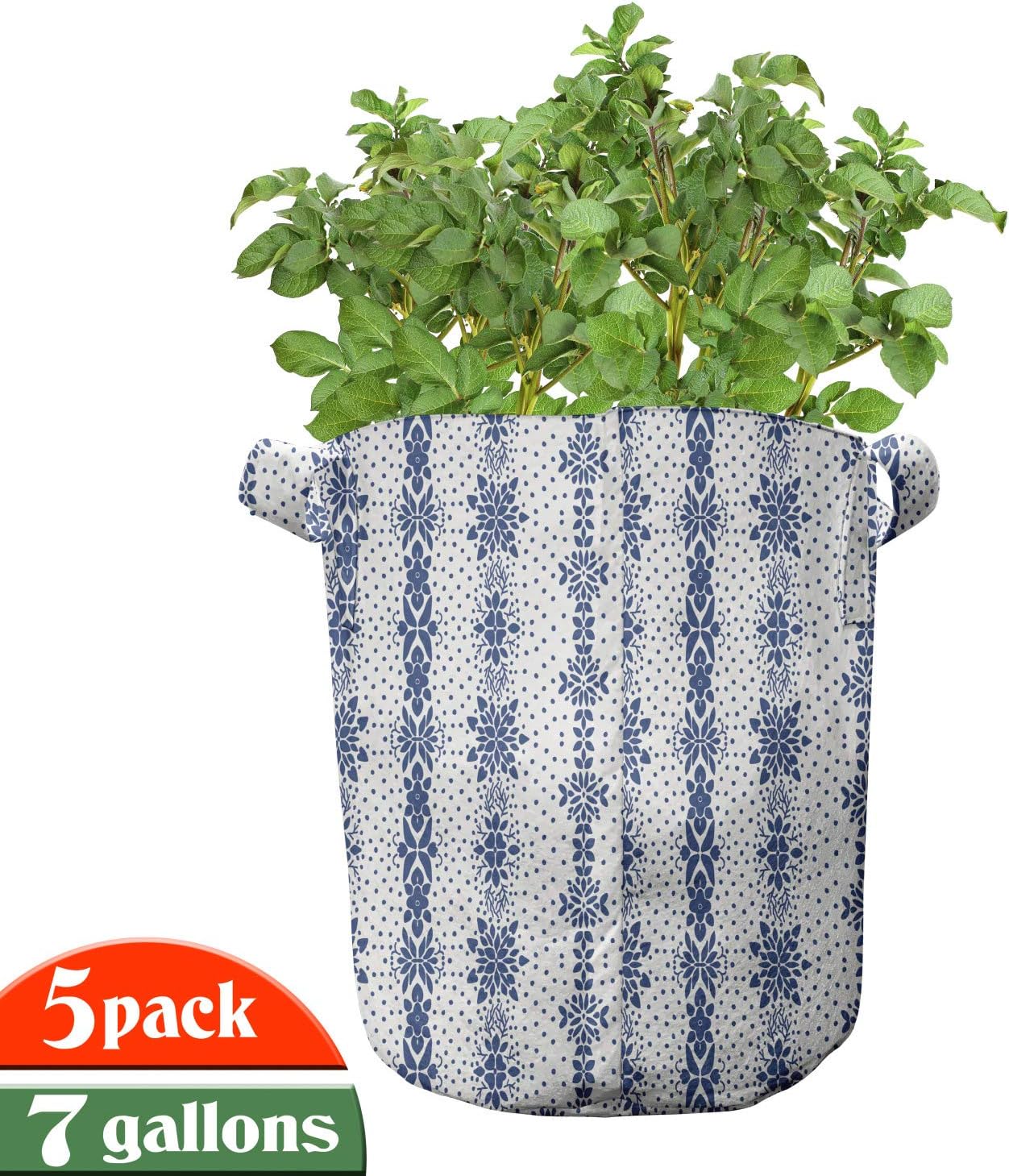 Ambesonne Floral Grow Bags 5-Pack, Vertical Flowery Pattern, Heavyduty Fabric Pots with Handles for Plants, Dark Blue and White