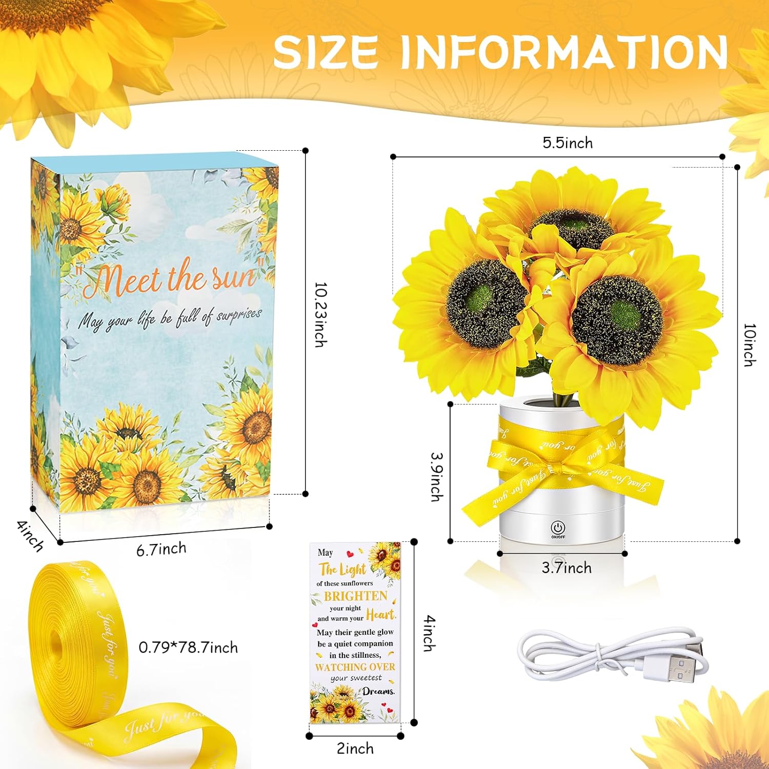 2 Sets Sunflower LED Lamp USB Rechargeable Touch Night Light, Sunflower Gifts for Women 3 Color Dimmable with Cards, Ribbons Gift Boxes Battery Flower Decor for Bedroom Birthday Mother's Day Mom Gifts