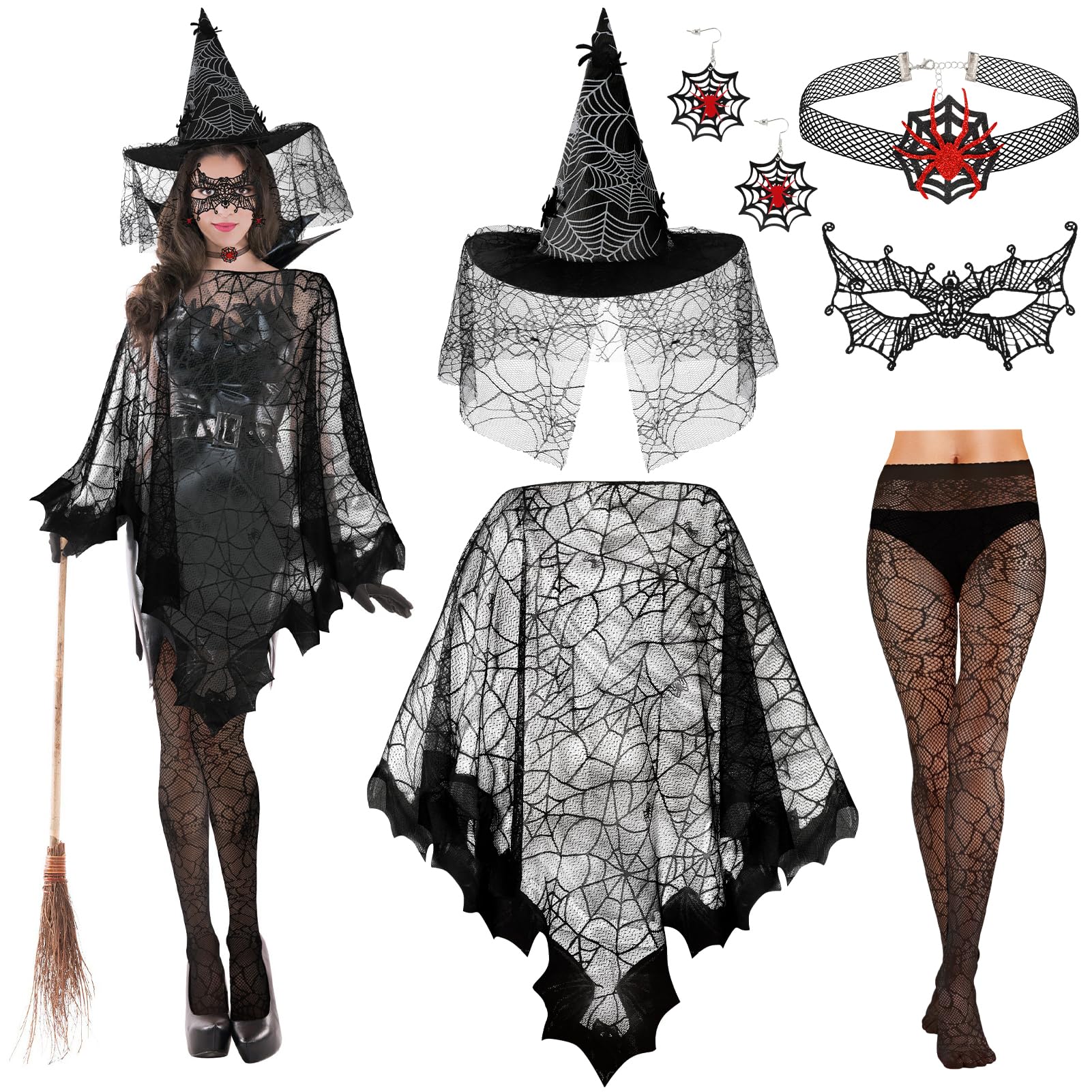 Beipegin 6 Pcs Spider Costume Adult Spider Web Poncho Tights Spider Necklace Chocker Earings Mask and Witch Hat Halloween Costumes for Women Black
