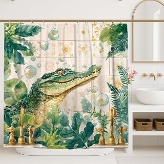 Crocodile Shower Curtain, Watercolor Green Beige Alligator Bathroom Decor, Summer Tropical Jungle Modern Art Fabric Shower Curtain with Hooks 72x72 Inch