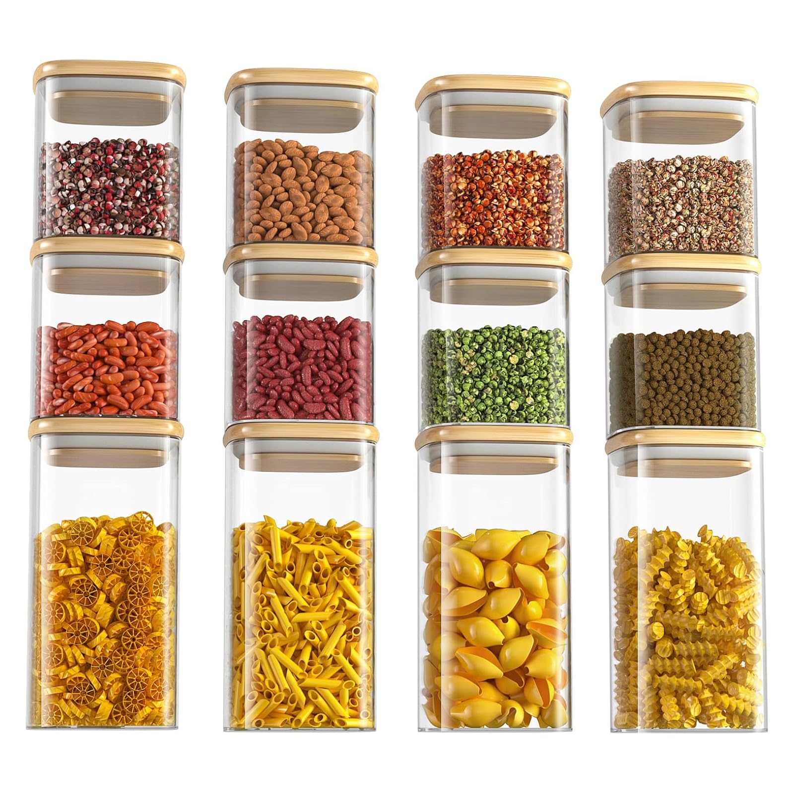 Neo Set of 12 Square Glass Storage Jars with Bamboo Lids Airtight Glass Canisters with 2 Size 600ml 1000ml Large Kitchen Food Storage Jars for Kitchen Cabinet Dishwasher Safe (8.8L)