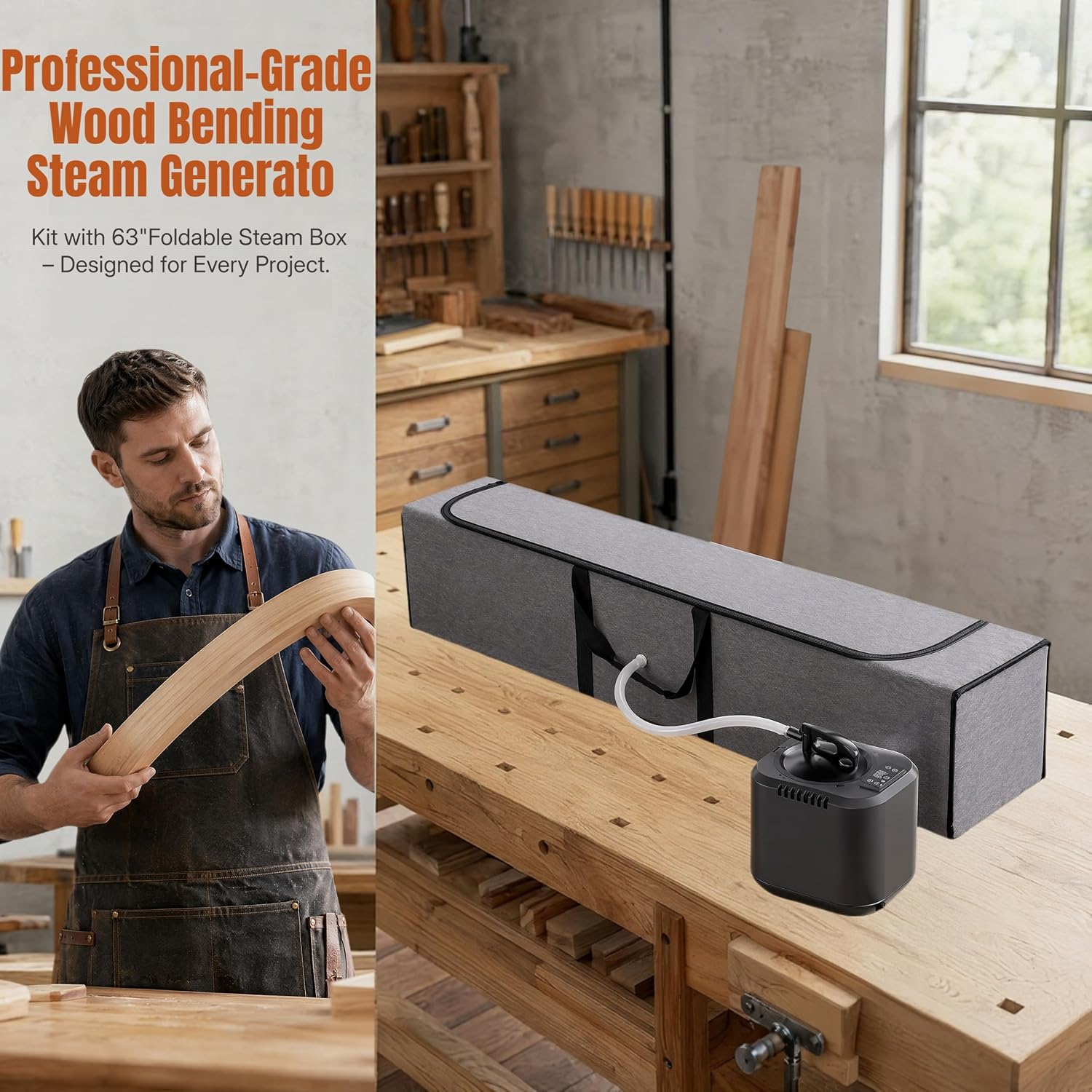 Wood steamer for Bending Steam Generator Kit with 63" Foldable Steam Box Woodworking Tools Bending Kit Adjustable Temperature for Curved Furniture DIY Projects