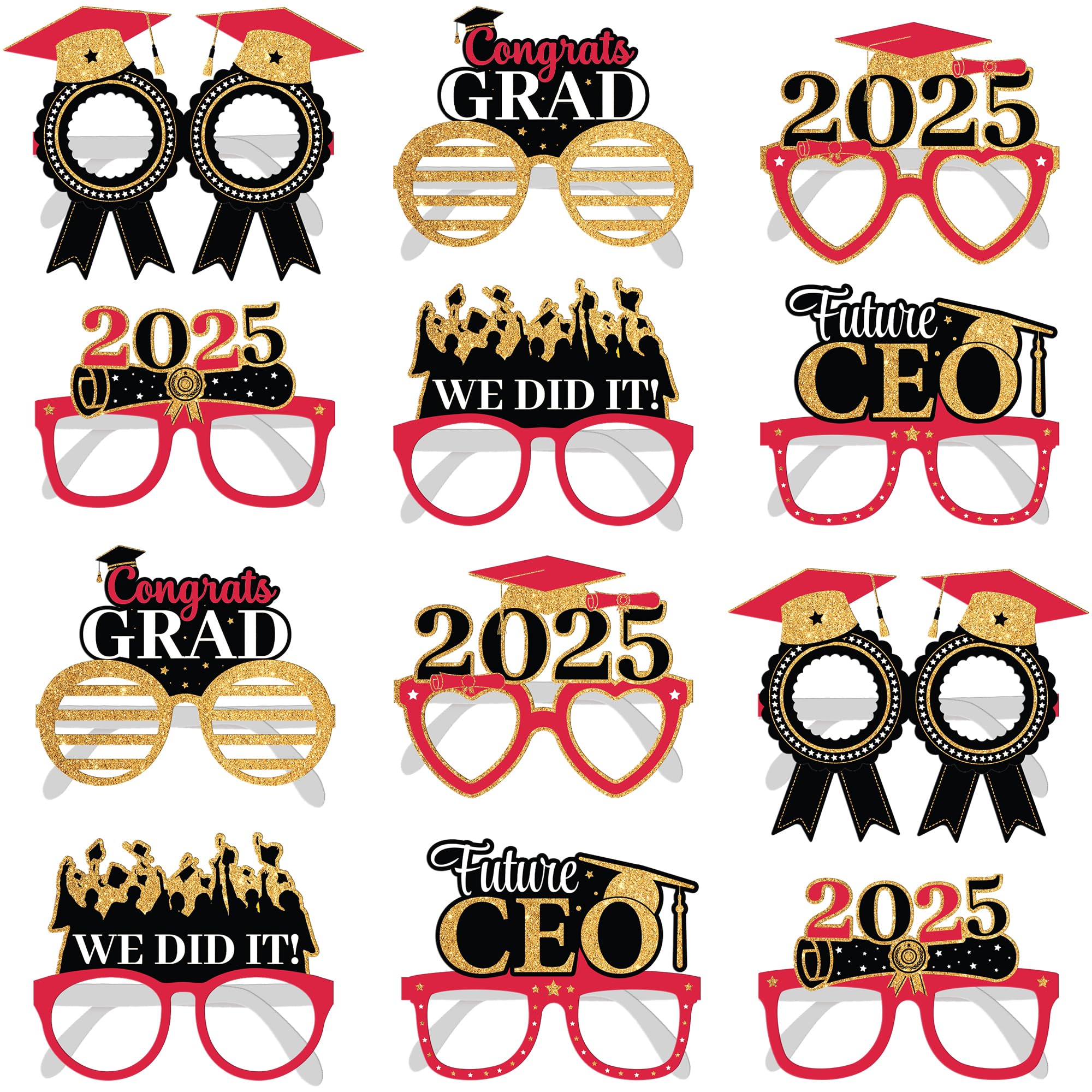 KatchOn, Red and Gold Graduation Eyeglasses 2026 - Pack of 12 | Graduation Glasses for Red and Gold Graduation Decorations 2026 | Graduation Photo