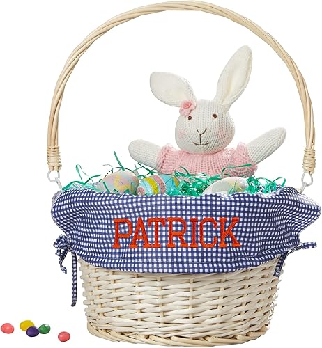 Personalization Universe Cesta de Pascua personalizada de sauce con asa plegable, cuadros azul marino