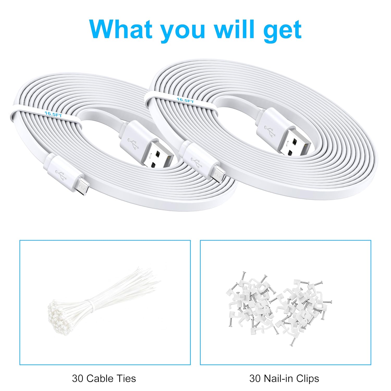 2 Pack 16.5FT Power Extension Cable,Flat Extension USB to Micro USB Charging Cord,Compatible with Wyze Cam v4/v3/OG/v3 Pro,Blink,Nest Cam Indoor,Fire Kindle(Not for Wyze Cam Pan v3,Not Type-C)