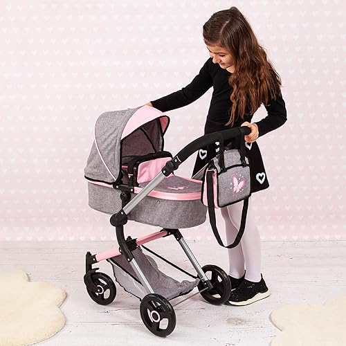 Miniatura 6 de Bayer Cochecito versátil City Vario - Mariposa gris y rosa para muñecas de hasta 20 pulgadas con mango ajustable y funcionalidad reversible, niños