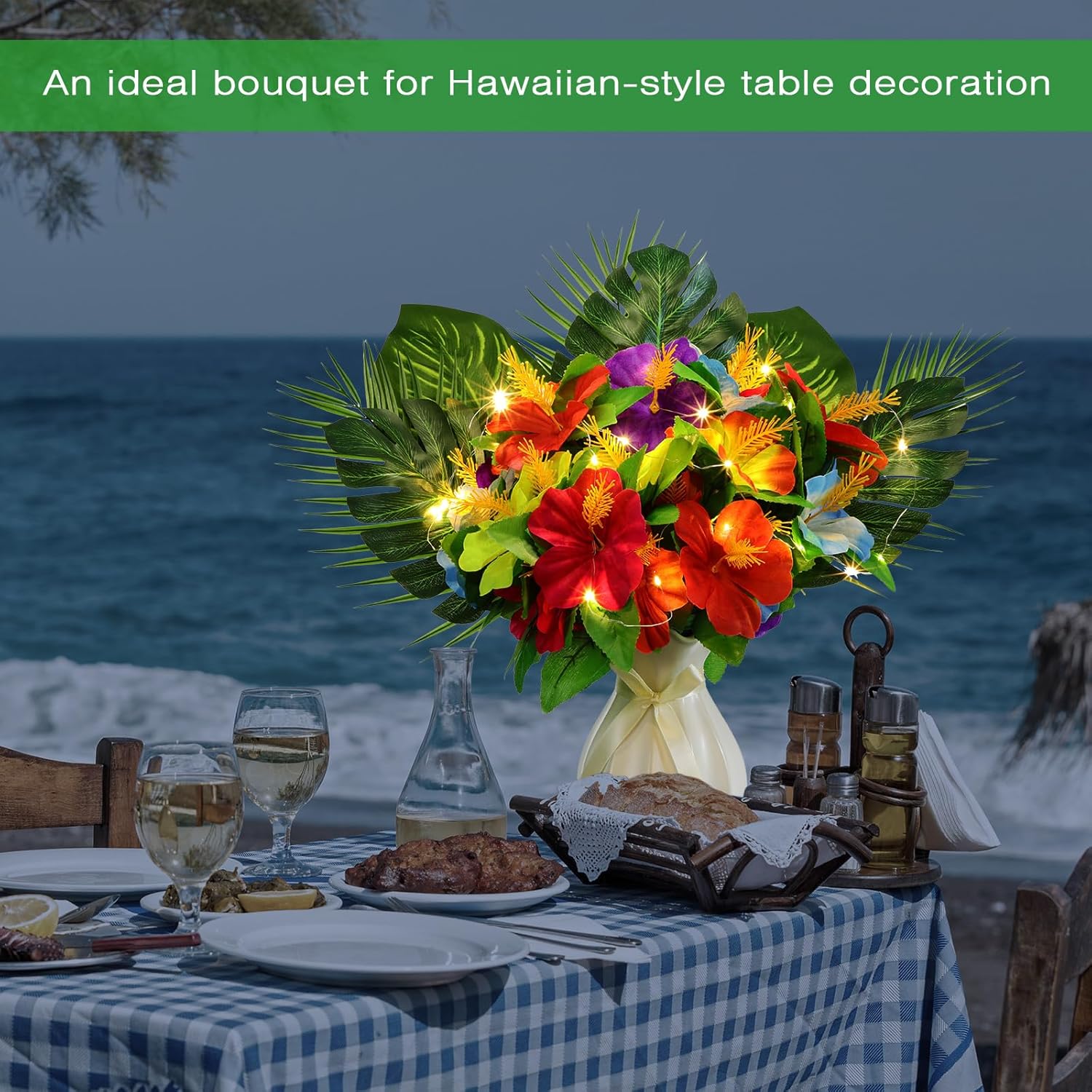 Hotop 36 Pcs Light up Hawaiian Flower Centerpieces for Tables Hibiscus Bouquet Palm Leaves and Light Up Centerpieces for Tables