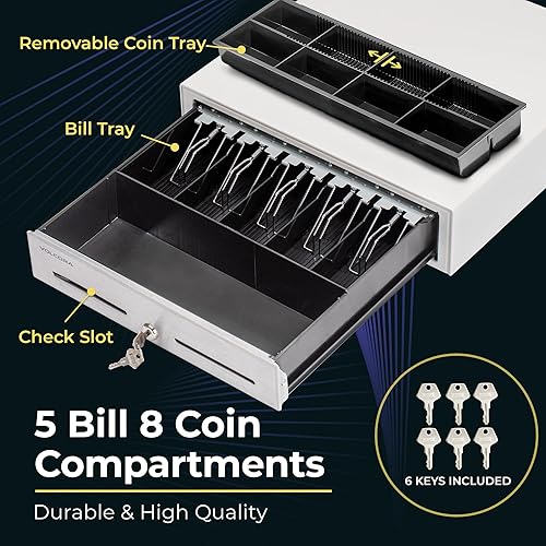 Miniatura 16 de Volcora Cajón de caja registradora manual de 13 pulgadas para sistema de punto de venta (POS), hasta 4 billetes y 5 ranuras para monedas, cerradura