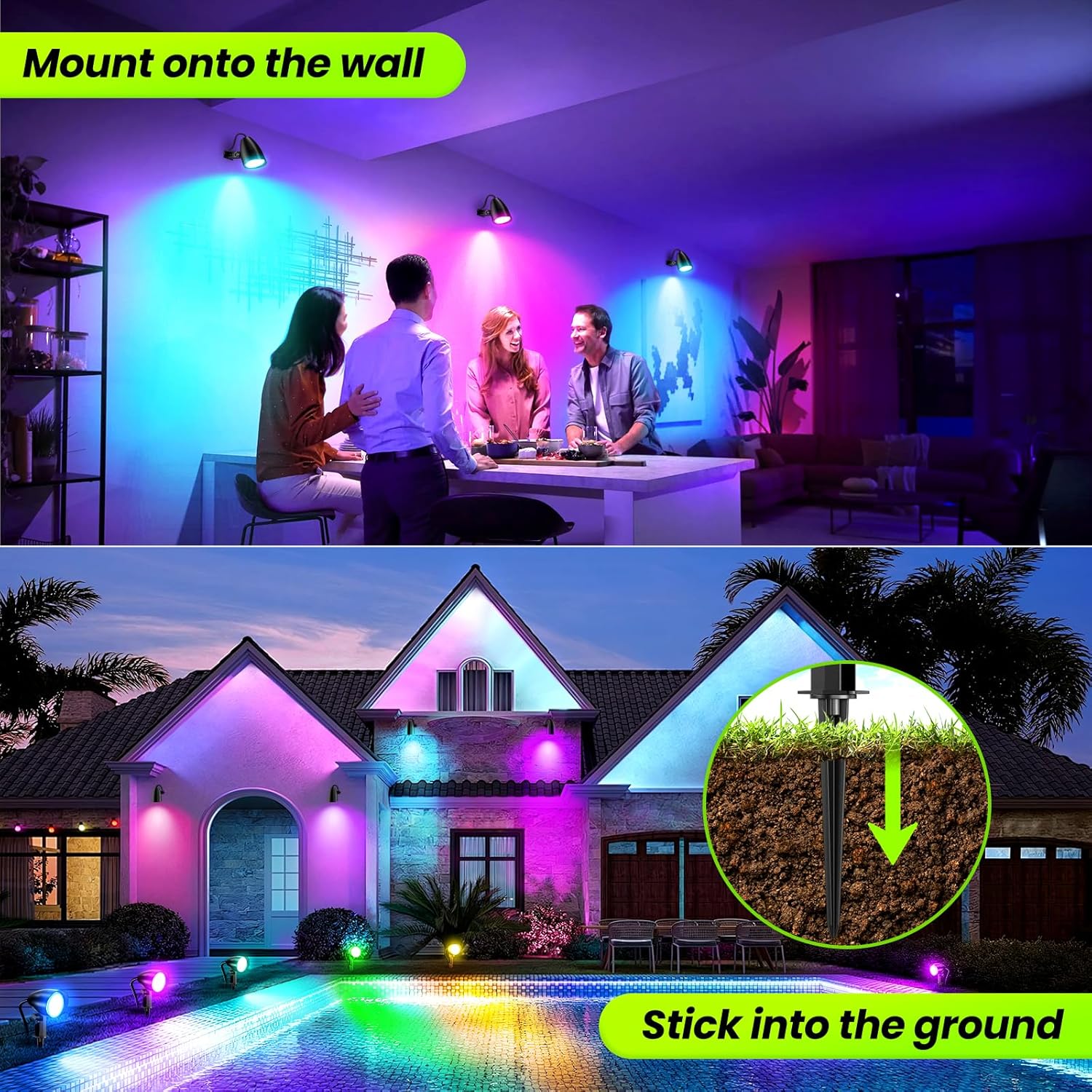 ZZXX 20W RGB Outdoor Spotlight Halloween 120V Color Changing Landscape Lights Waterproof LED Multicoloured Spotlights, Dimmable, Timer, Memory Function with US 3-Plug in (2 Pack) - Image 6
