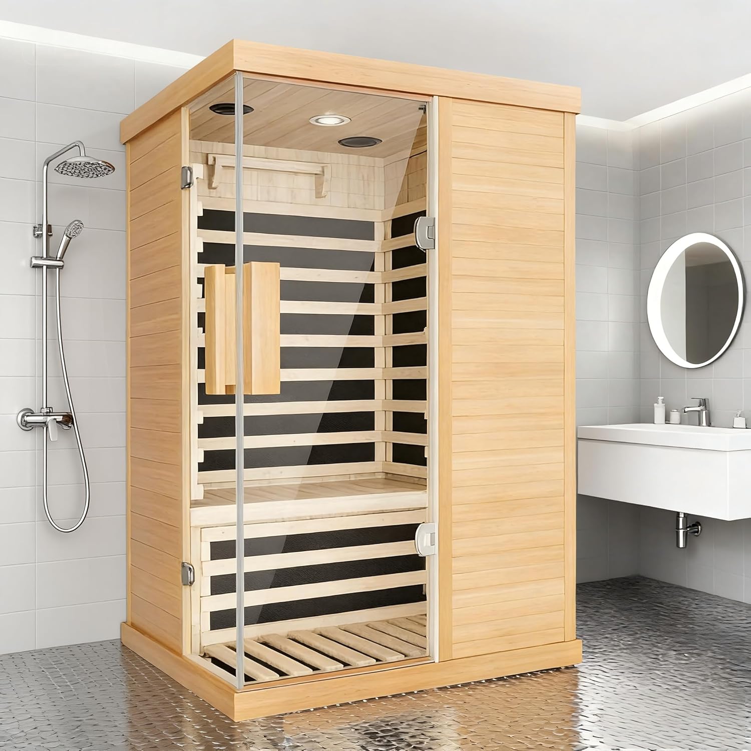 1 Person Far Infrared Sauna, Indoor Sauna for Home, 1000W Low EMF 110V with 7 Heaters, Chromotherapy Lights, Control Panel, Foot Controllable, Bluetooth Speaker, 28.7 * 35.2 * 61.4 in
