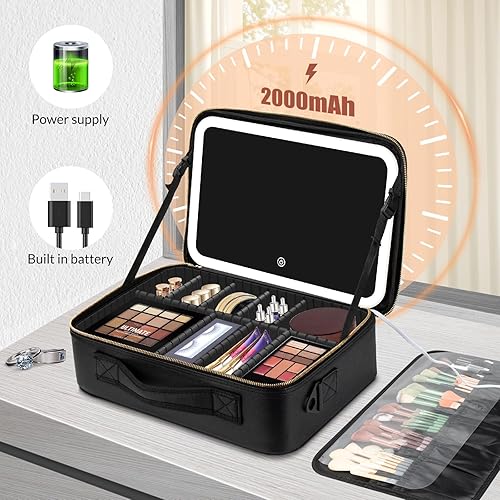 Miniatura 5 de Estuche de maquillaje grande de 14.6 x 10.3 pulgadas, color negro con espejo iluminado, bolsa de maquillaje profesional de viaje con luz LED, 3