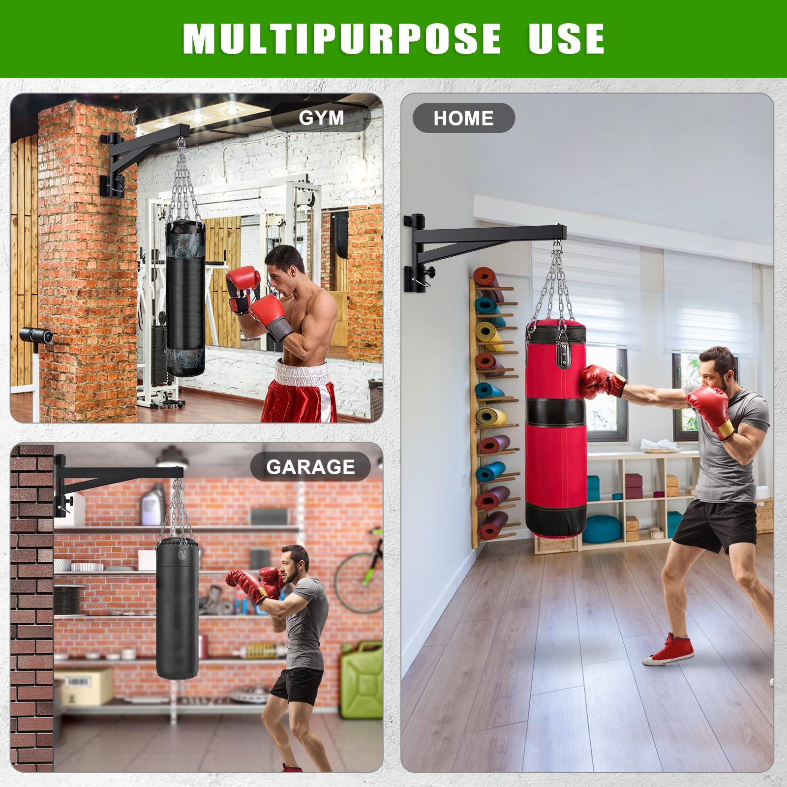 Kipika Soporte de pared para colgar bolsas pesadas de 24 pulgadas, capacidad de 800 libras con soporte giratorio de 360° y diseño plegable, soporte para saco de boxeo para boxeo, Muay Thai, bolsa de