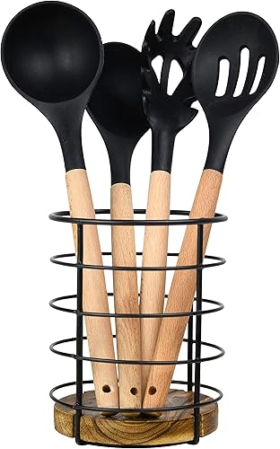Miniatura 3 de Tribello Moderno soporte para utensilios de cocina de granja para encimera de cocina, soporte de utensilios de cocina de madera y alambre para