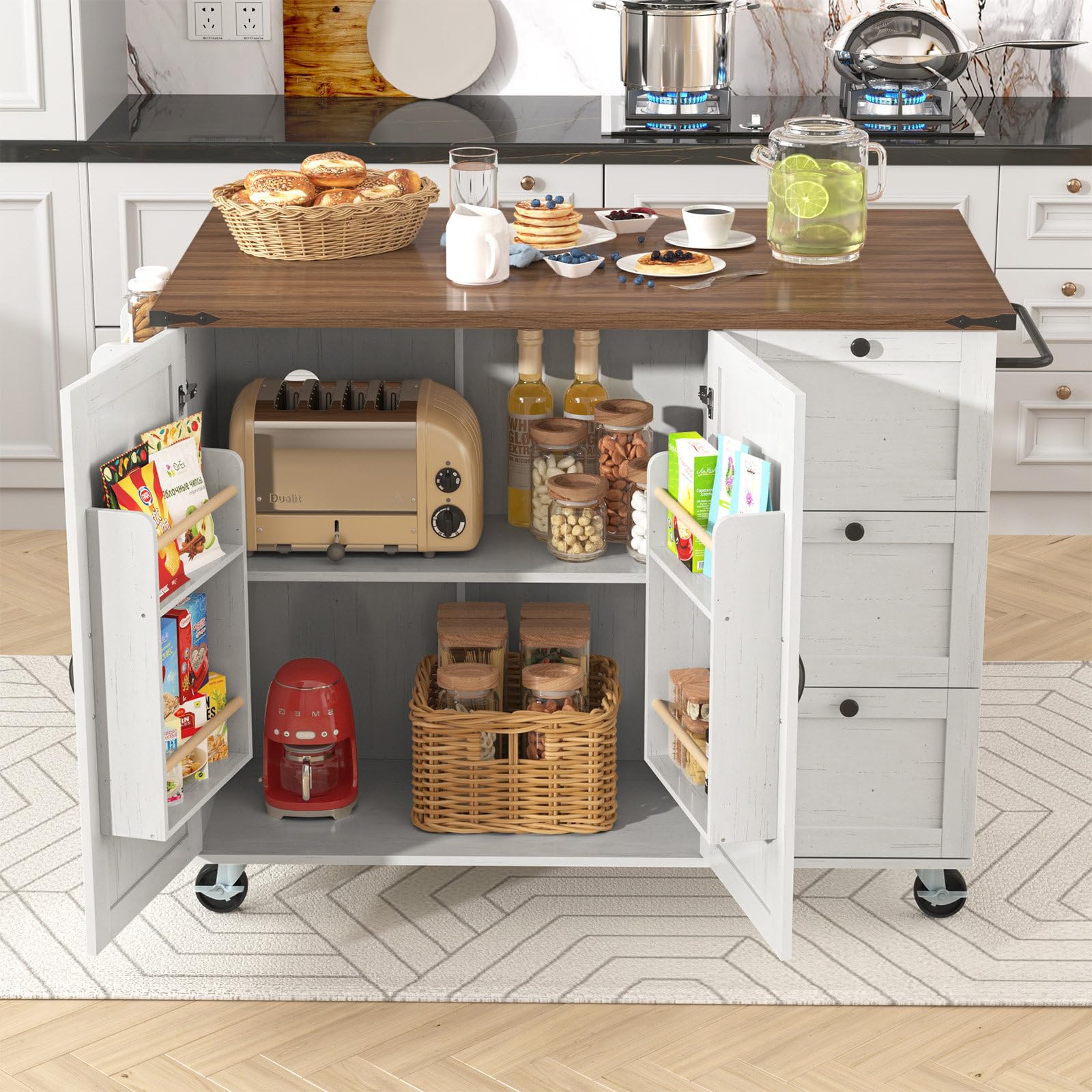 Desserte Ilot de Cuisine sur roulettes, Meuble de Cuisine avec Plans de Travail Rabattable, Desserte desserte de Cuisine Multi Rangements avec 2 Tiroirs et 2 Portes, 120x45-73x92.5 cm, Beige