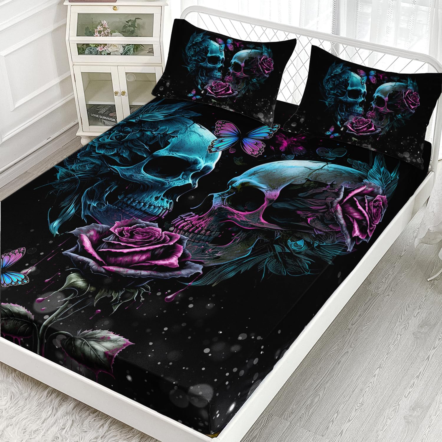 AILONEN Sugar Skull Fitted Sheet Set Queen Size,Romantic Skull Couple Rose Bed Sheet Set,Flower Skeleton Bone Sheet Set 3 Pieces, 1 Fitted Sheet with 2 Pillowcases(No Flat Sheet)
