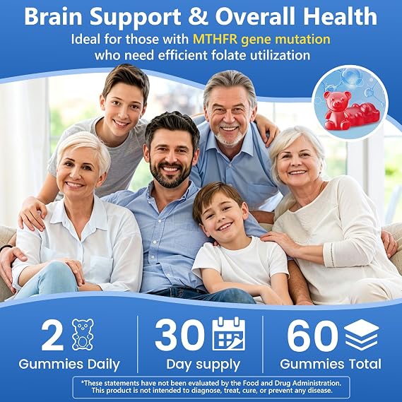 L-MethylFolate 15mg+ Methyl B12 Gummies for Kids & Adults - Active 5-MTHF with Methyl B6, B1, B2 Multivitamin, Supports MTHFR Gene, Cognition, Focus, Vegan, Raspberry Flavor, 60 Count