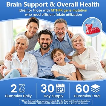 L-MethylFolate 15mg+ Methyl B12 Gummies for Kids & Adults - Active 5-MTHF with Methyl B6, B1, B2 Multivitamin, Supports MTHFR Gene, Cognition, Focus, Vegan, Raspberry Flavor, 60 Count