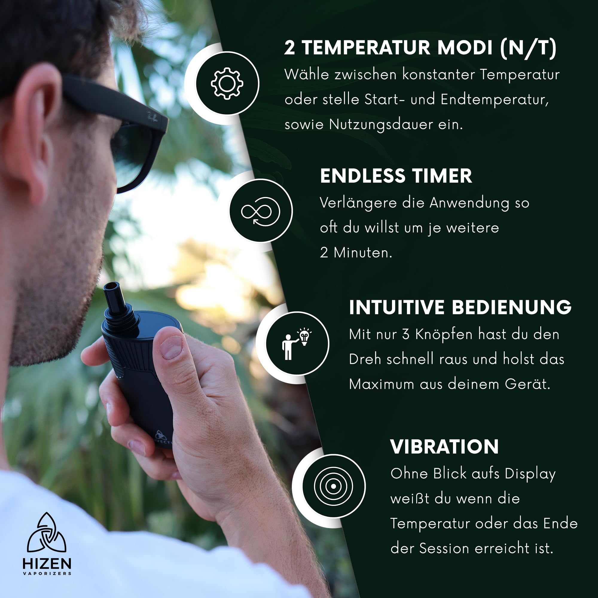 HIZEN Convectum Kräuter Vaporizer – Premium Verdampfer für Kräuter mit echter Konvektion, 80–220 °C stufenlos, USB-C Wechselakku (18650 LG), LED-Display, Endlos-Timer, Aromatherapie, Schwarz