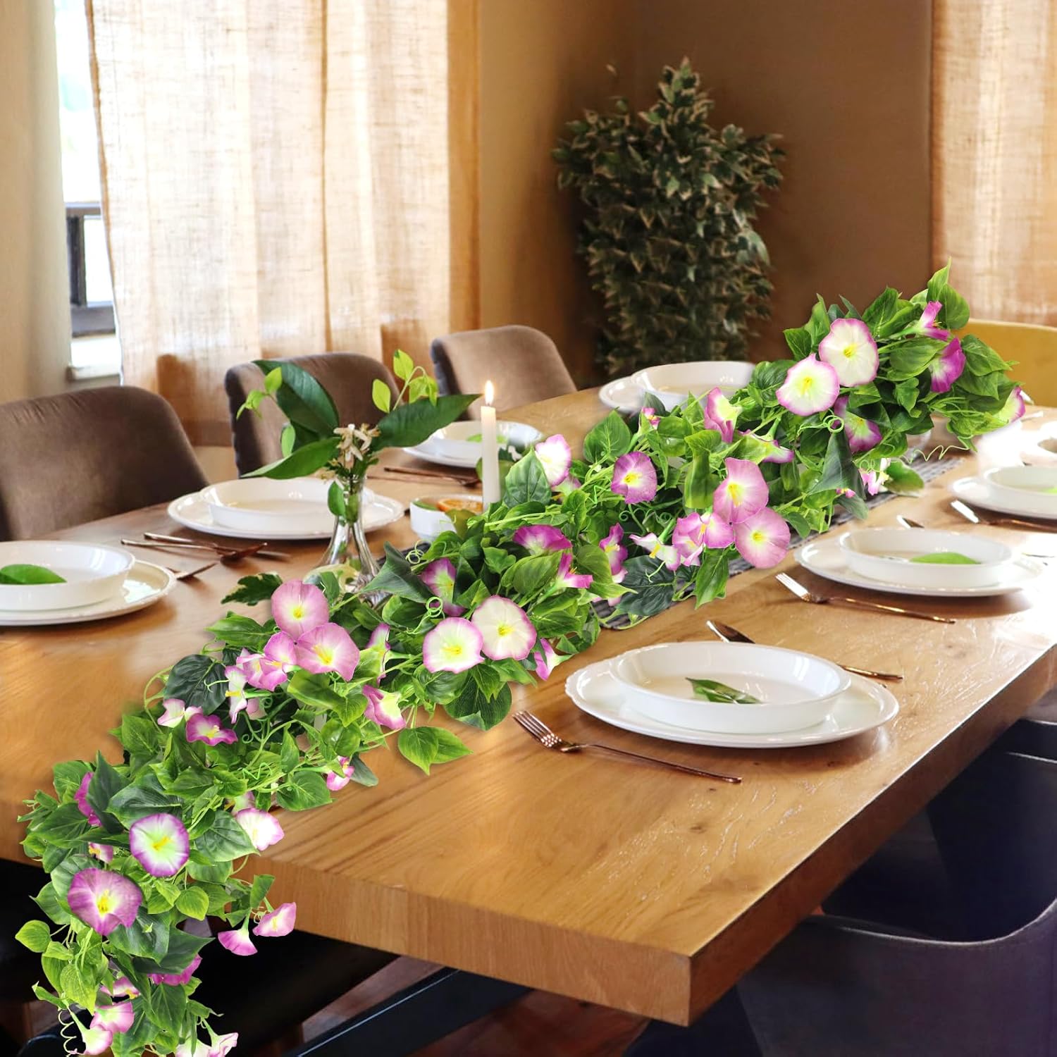 AirSun Artificial Morning Glory Flower Vines, 2pcs 15Feet Hanging Plants Silk Garland Fake Green Plant Home Garden Wall Fence Indoor Outdoor Wedding Birthday Decor - Image 4