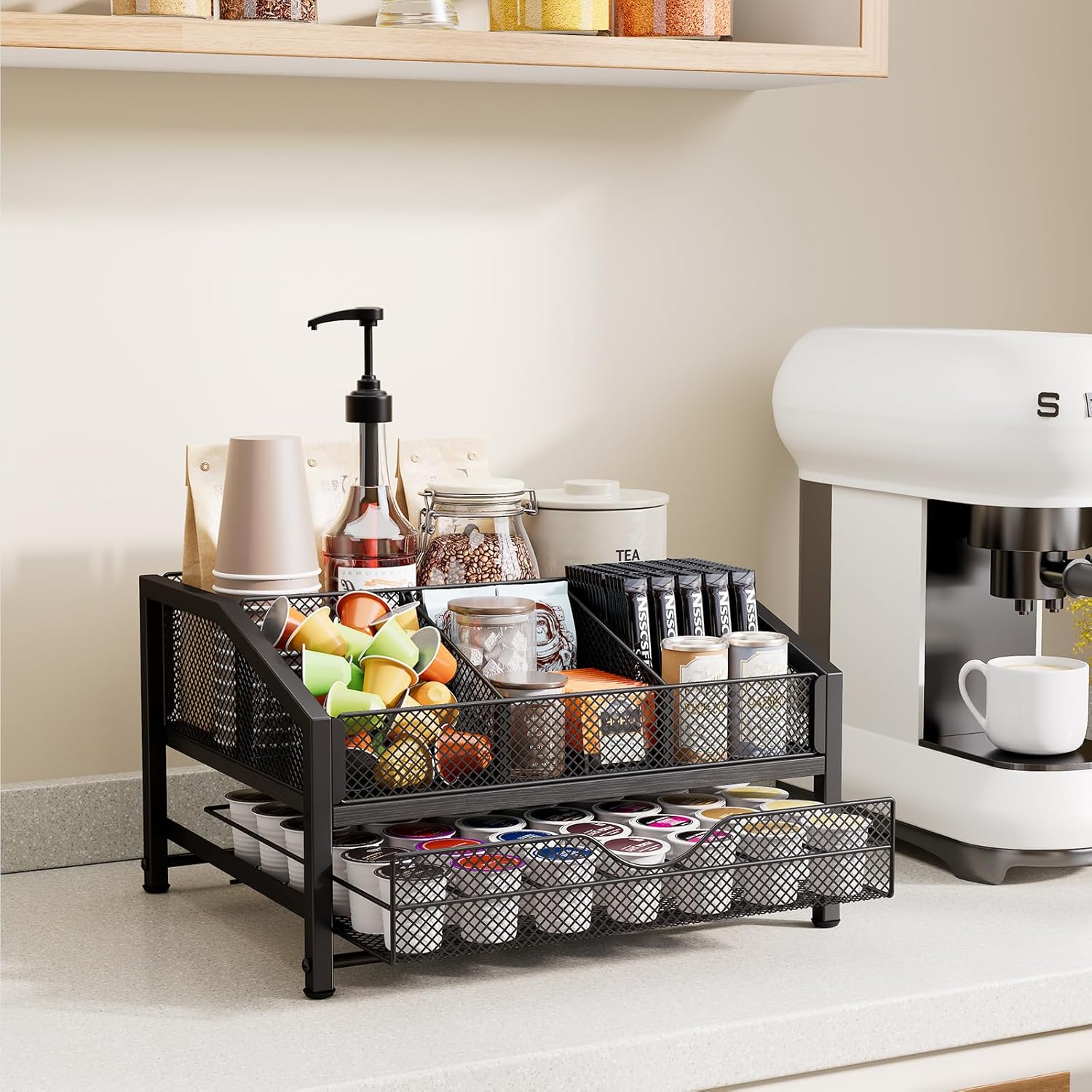 Homsorout Coffee Bar Organizer - Coffee Station for Countertop, Metal and Wood K Cup holder Storage Basket with Drawer for Syrup, Cups, Stirrer, Condiment, Tea Organizer, Black