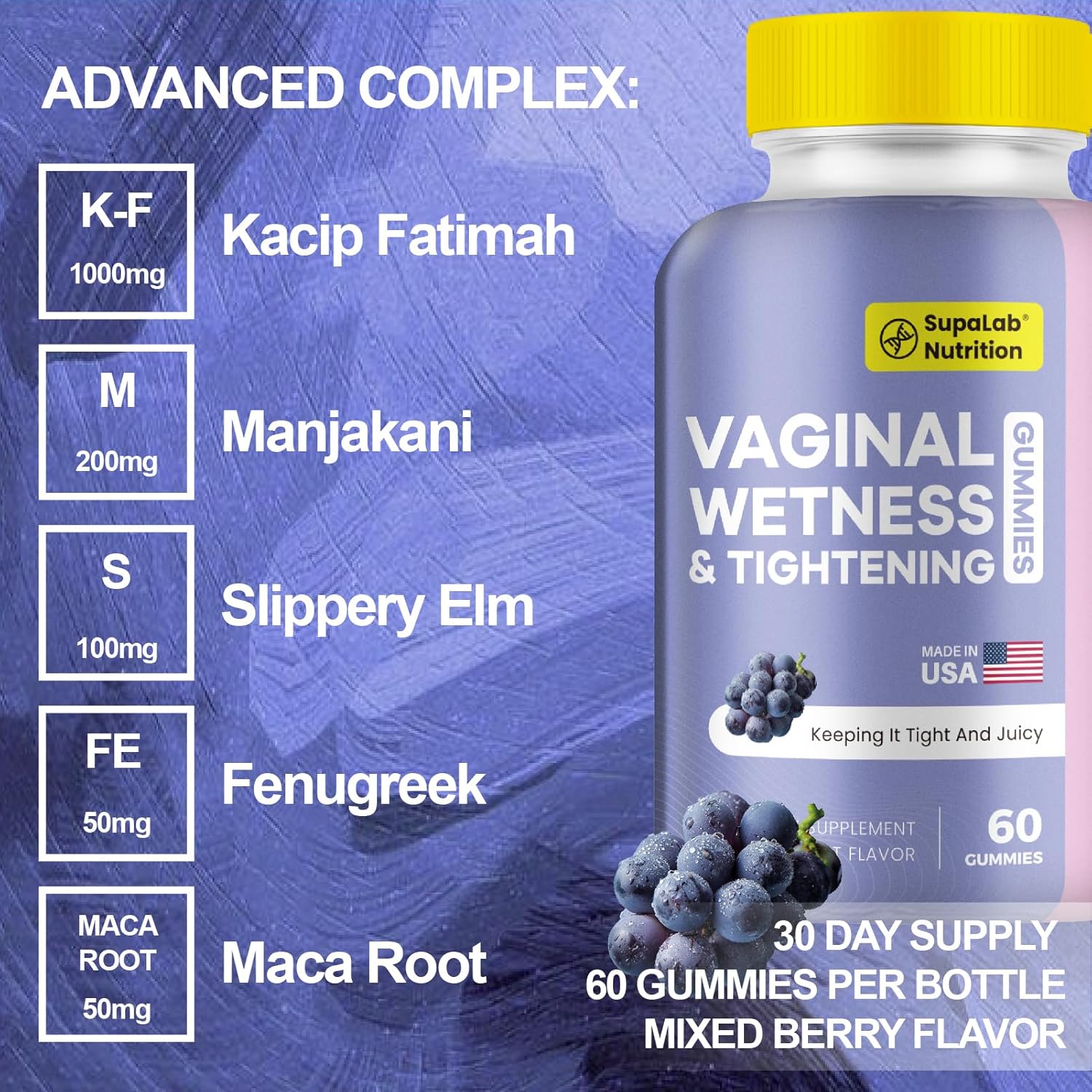 Vaginal Moisturizer Gummis with Slippery Elm Bark, Vaginal Wetness, Natural Firming for Intimate Enjoyment, 60 Gummis