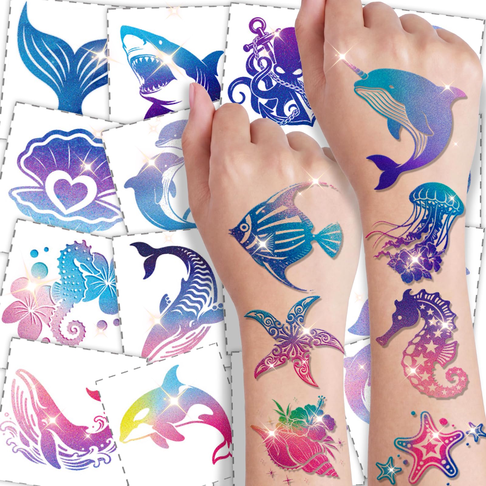 108 Pcs Glitter Ocean Animal Temporary Tattoos