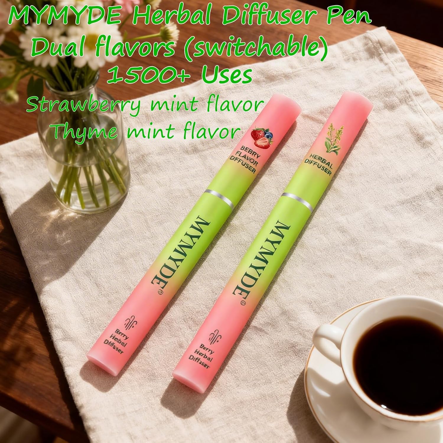 Herbal Diffuser Pen with Extracts of Mullein, Mint and Thyme for Lung Cleansing, Breathing Improvement, Oral Air Freshening and Quitting Bad Habit - 1500+ Uses (Double Flavor)