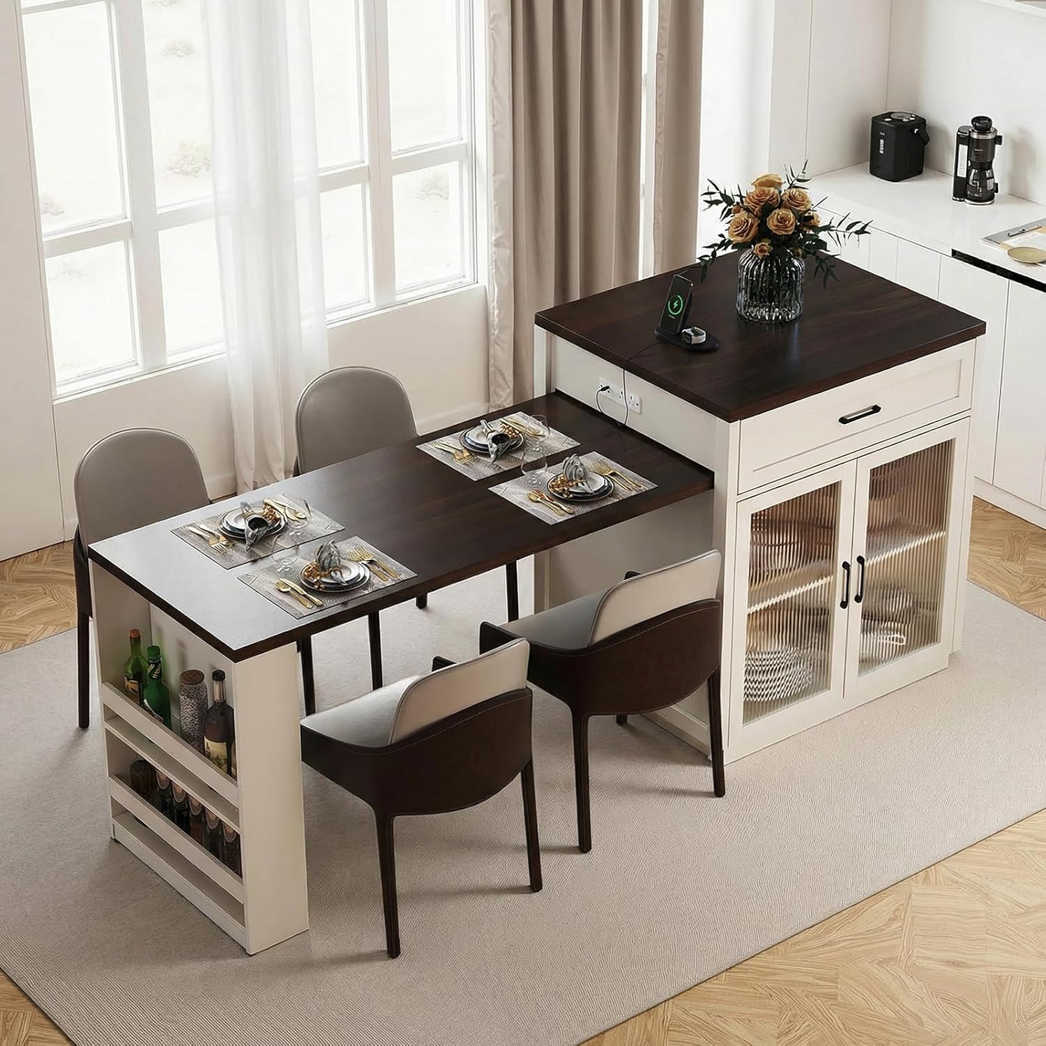 Skepphlay 83.1” Kitchen Island with Extendable Dining Table for 4, Mobile Rolling Island Table for Kitchen with Storage, 2 Drawers, Power Outlet & Storage Racks, Cream White