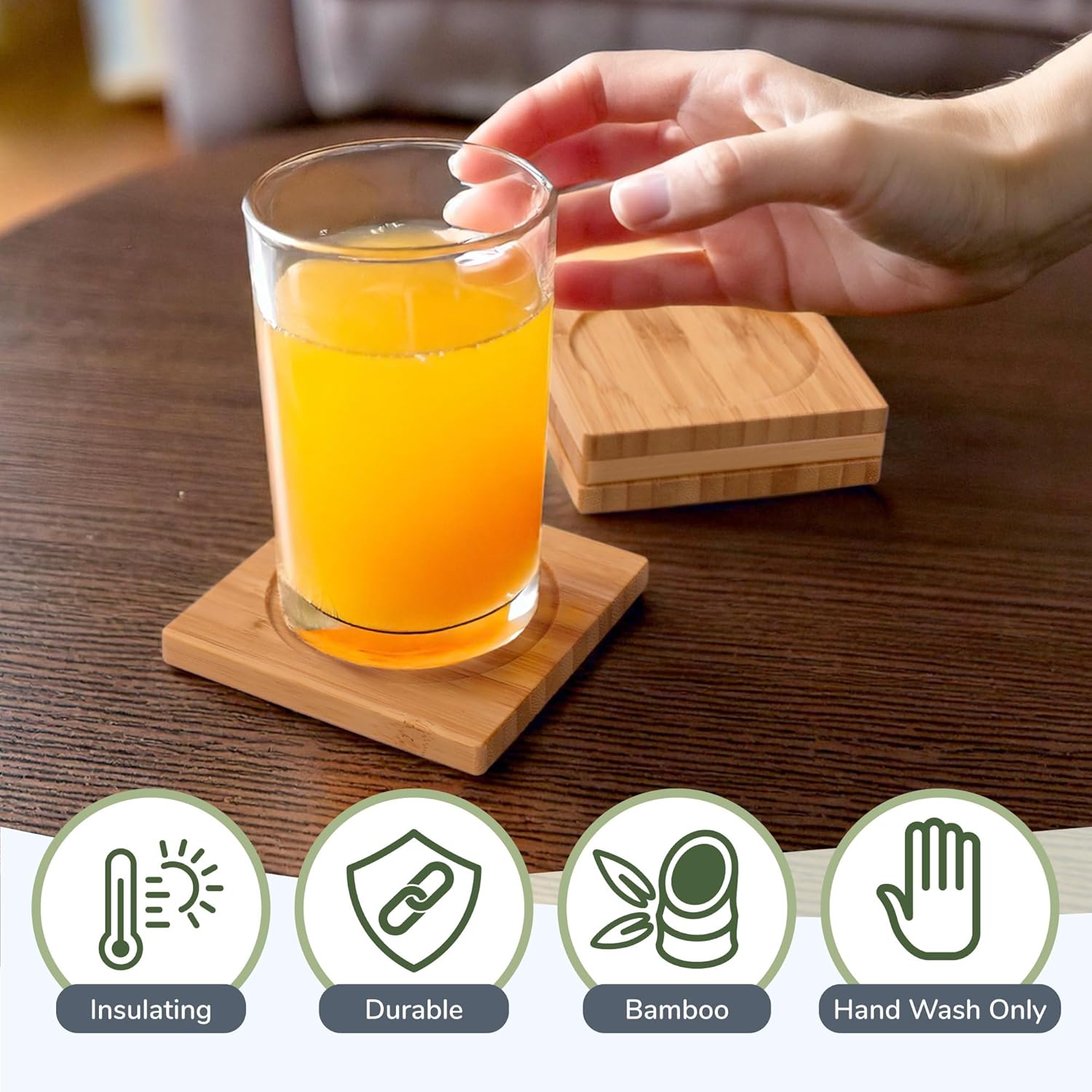 Eco-Friendly Natural Bamboo Square Coaster Set, 4 Pieces
