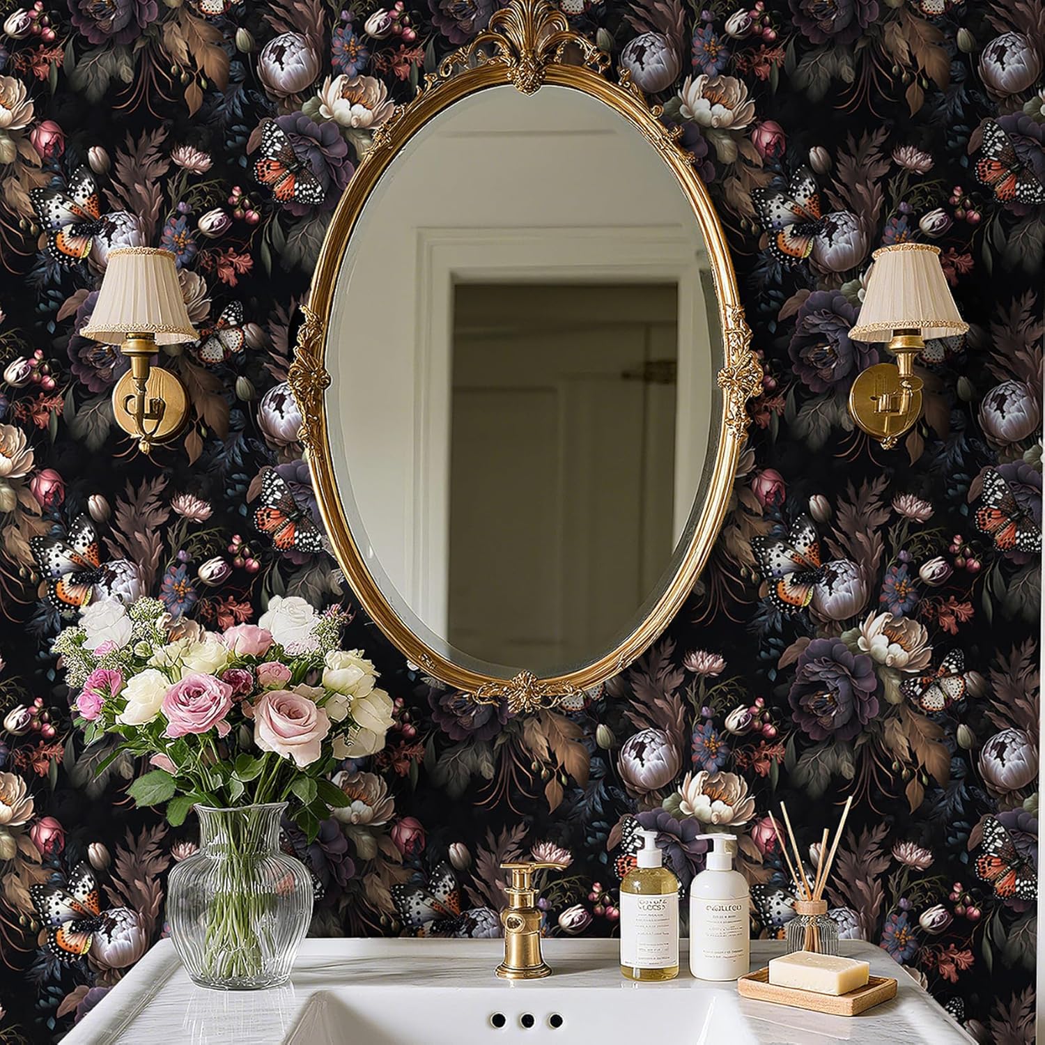 Livelynine 17.5x276 Dark Peel and Stick Wallpaper Moody Vintage Floral Wall Paper Self Adhesive Shelf Liner Dark Academia Purple and Green Botanical Wallpaper Bathroom Butterfly Floral Contact Paper