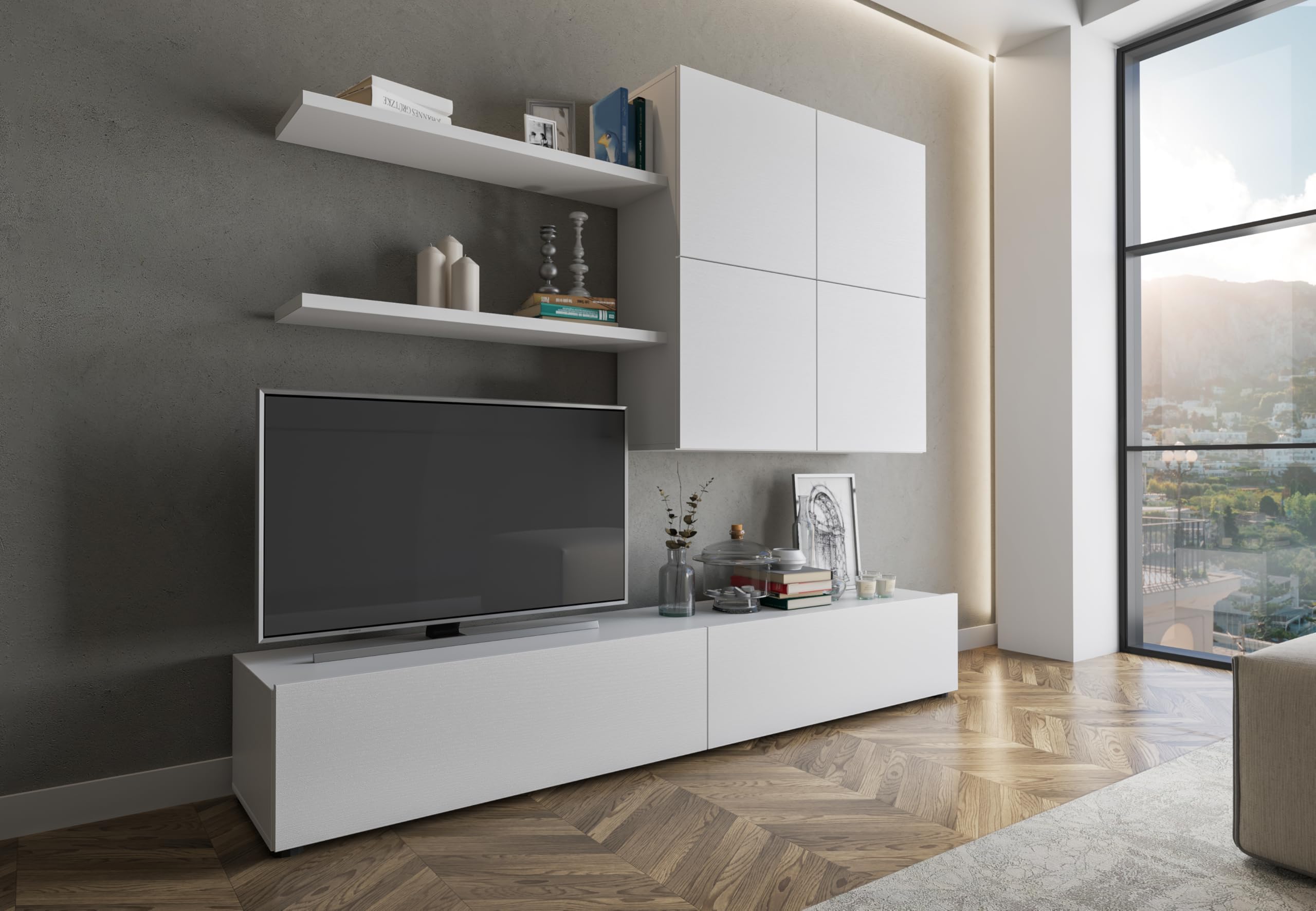 Arreditaly Parete Attrezzata Mobile Soggiorno Moderno Con Base TV 2 Ante Pensile 4 Ante e 2 Mensole Design Contemporaneo in Melaminico Facile da Pulire Bianco